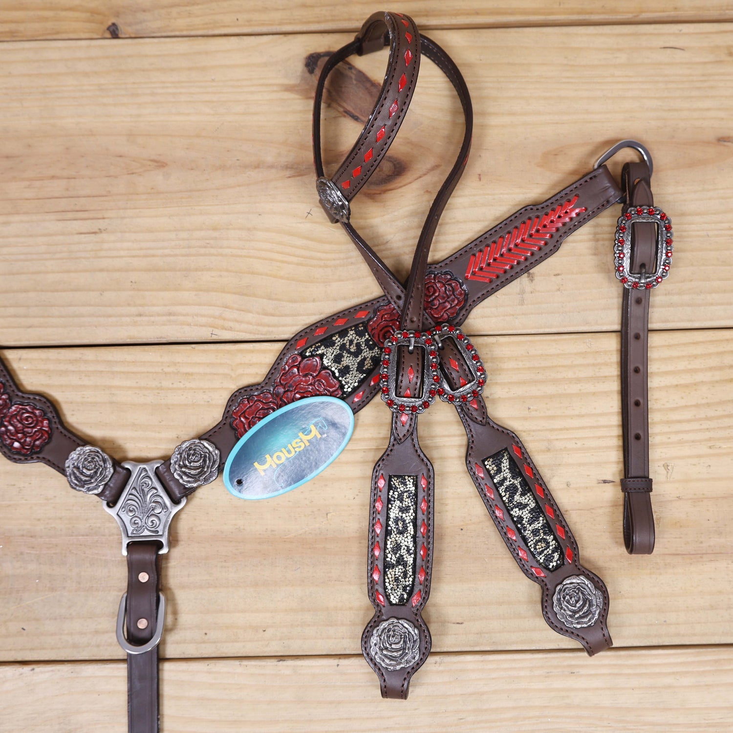 Leather Headstall and Breast Collar Set with Rose Carving, Metallic Leopard Inlay, and Arrow Style Rawhide Braided Breast Collar with Rose Concho MOUSM
