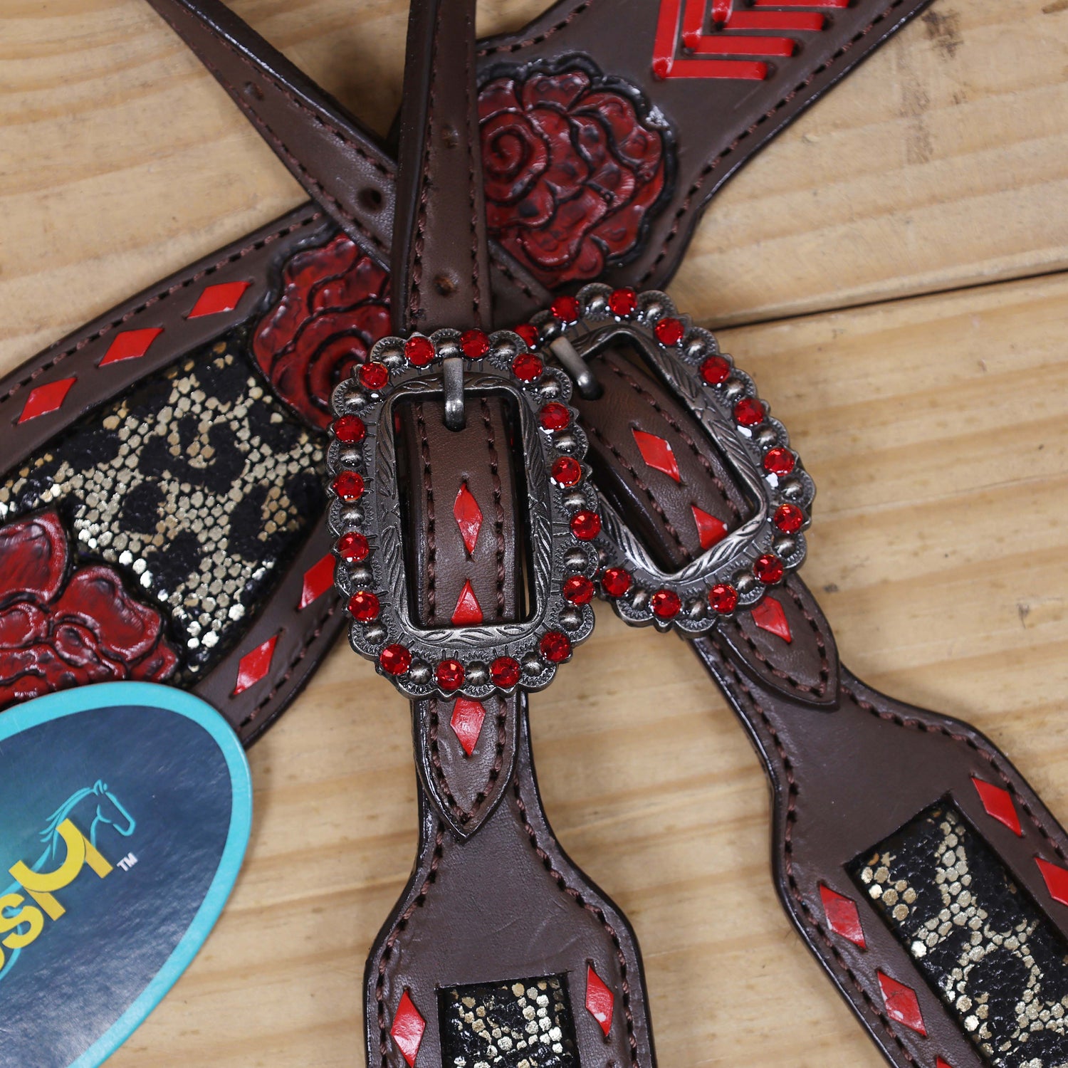 Leather Headstall and Breast Collar Set with Rose Carving, Metallic Leopard Inlay, and Arrow Style Rawhide Braided Breast Collar with Rose Concho MOUSM