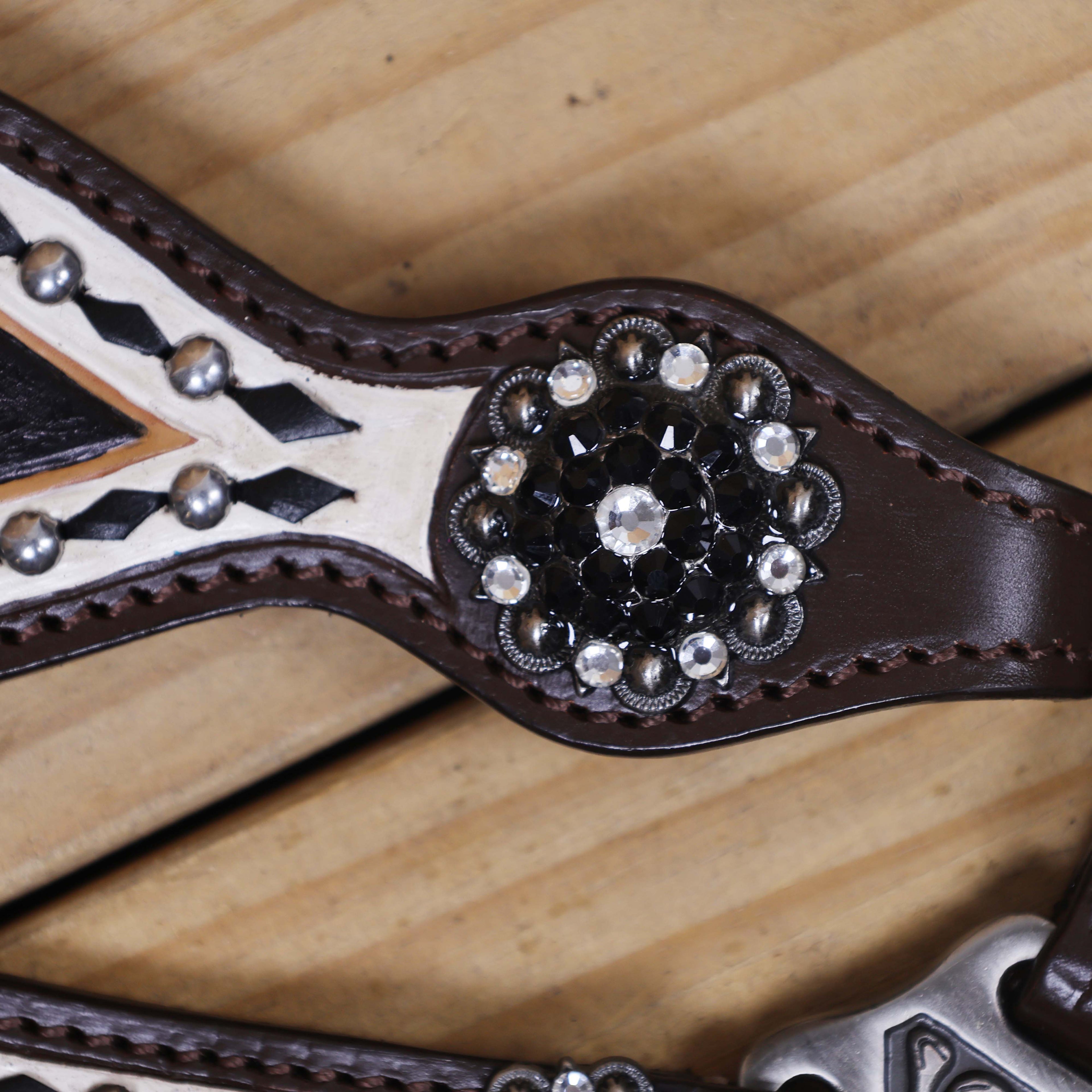 Western Headstall Breast Collar Set Decorated with Black and White Hand Painting, Gamble Symbol Tooling, Silver Studs, and Black Rawhide Braiding MOUSM