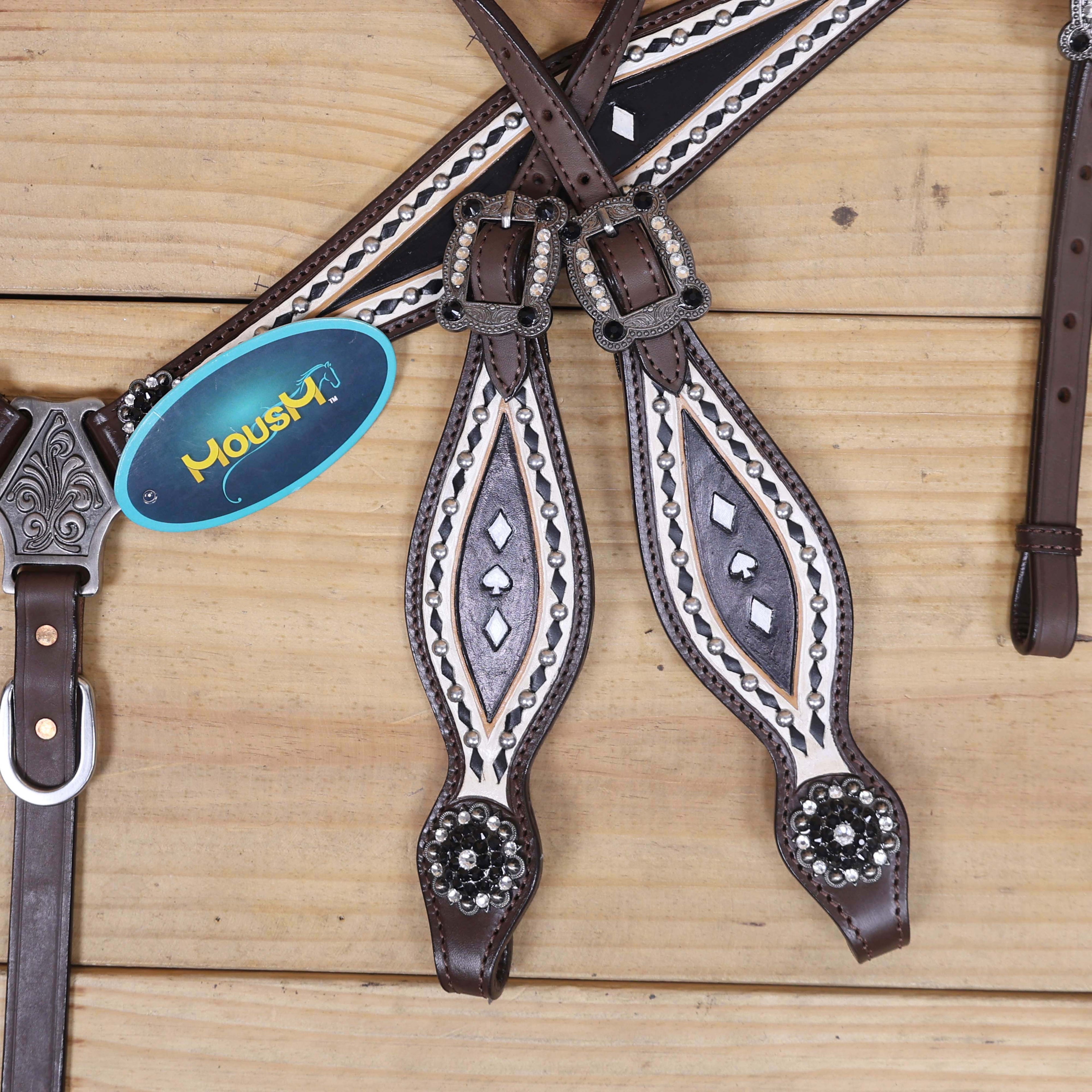 Western Headstall Breast Collar Set Decorated with Black and White Hand Painting, Gamble Symbol Tooling, Silver Studs, and Black Rawhide Braiding MOUSM