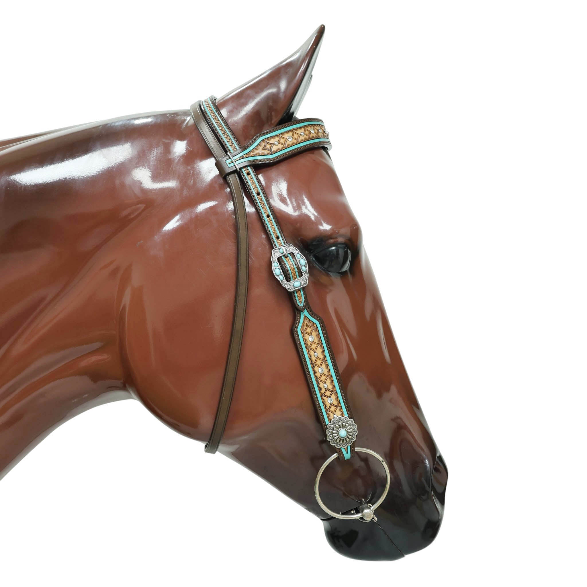 Western Headstall and Breast Collar Set Decorated with Geometrical Border Tooling with White Rhinestones and Silver Studs, and Turquoise Stone Hardware MOUSM