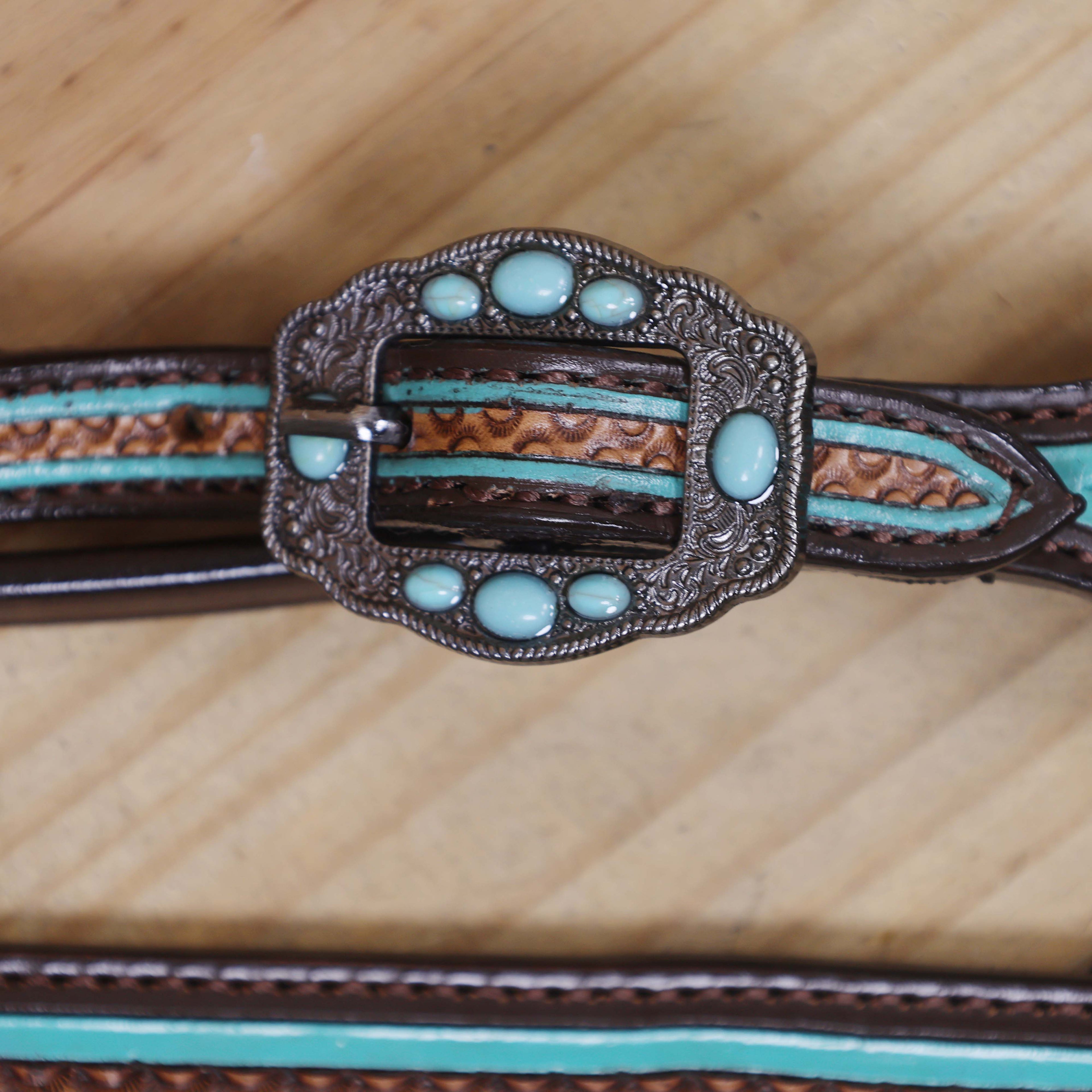 Western Headstall and Breast Collar Set Decorated with Geometrical Border Tooling with White Rhinestones and Silver Studs, and Turquoise Stone Hardware MOUSM