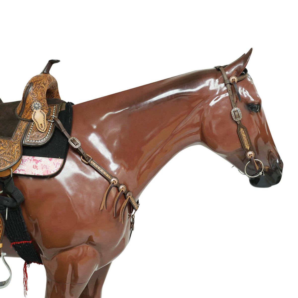Hand Carved Border and Burgundy Laces Western Headstall Set