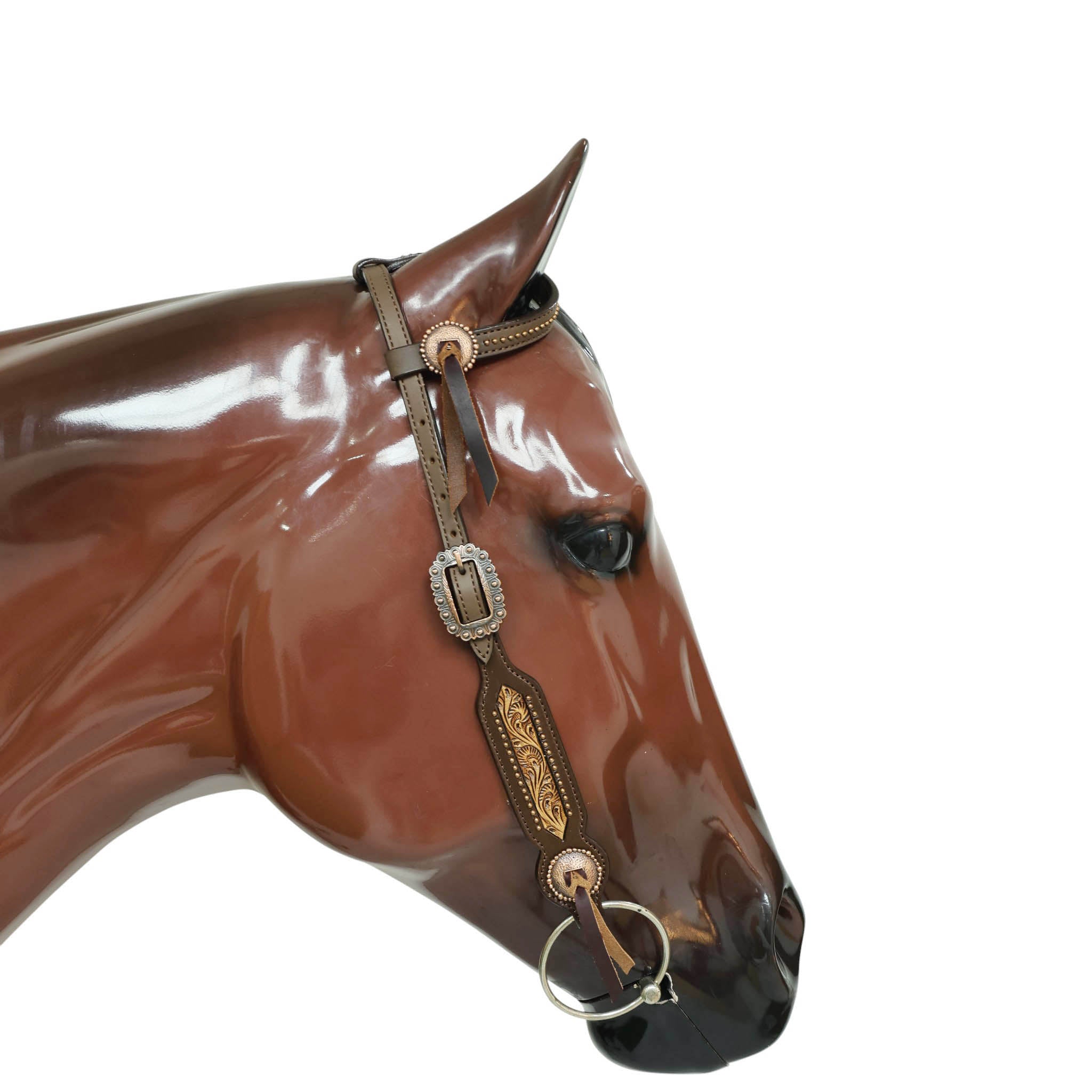 Western Leather Headstall and Breast Collar Tack Set with Hand-Carved Border, Tiny Copper Studs, Matching Slot Conchos, and Burgundy Leather Laces MOUSM