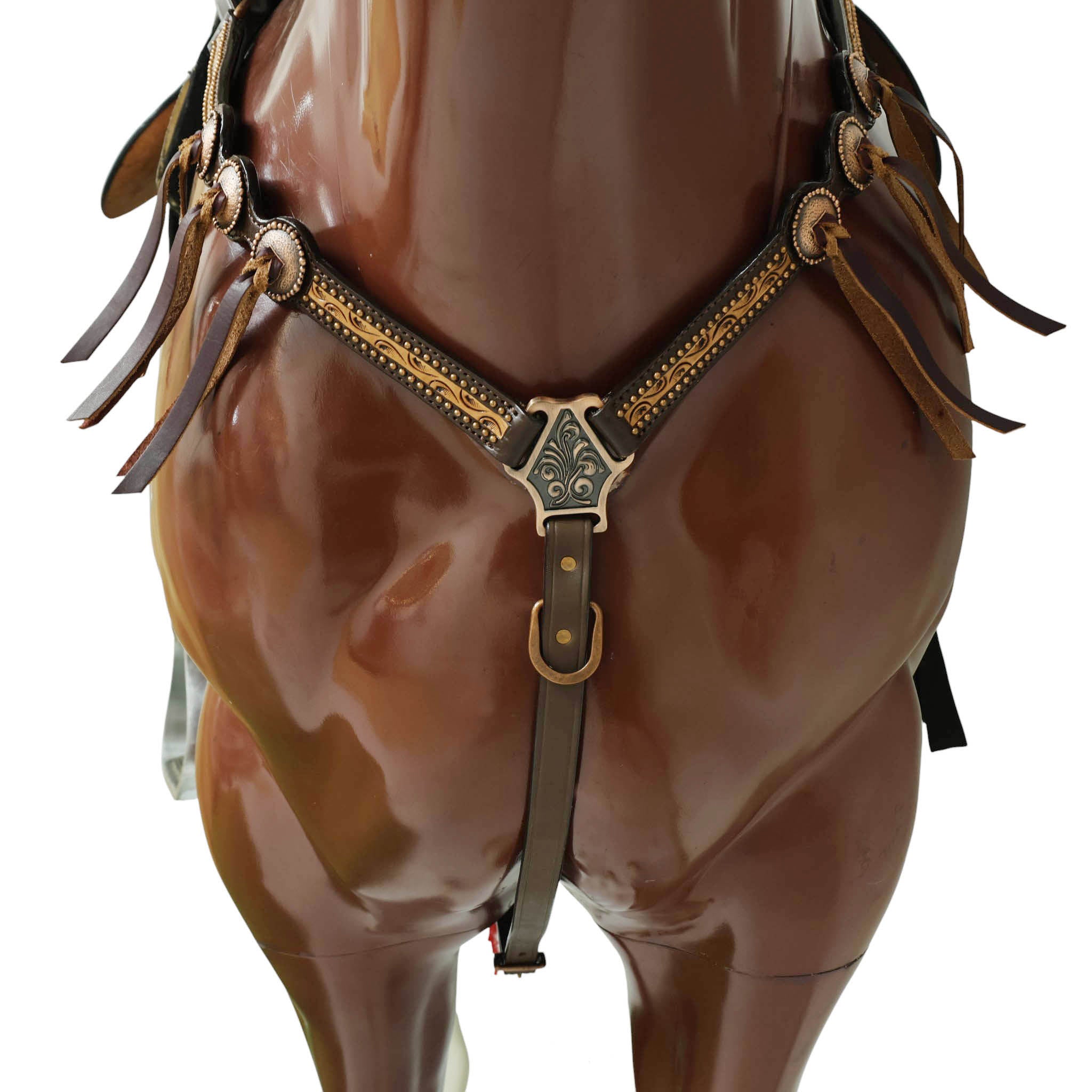 Western Leather Headstall and Breast Collar Tack Set with Hand-Carved Border, Tiny Copper Studs, Matching Slot Conchos, and Burgundy Leather Laces MOUSM