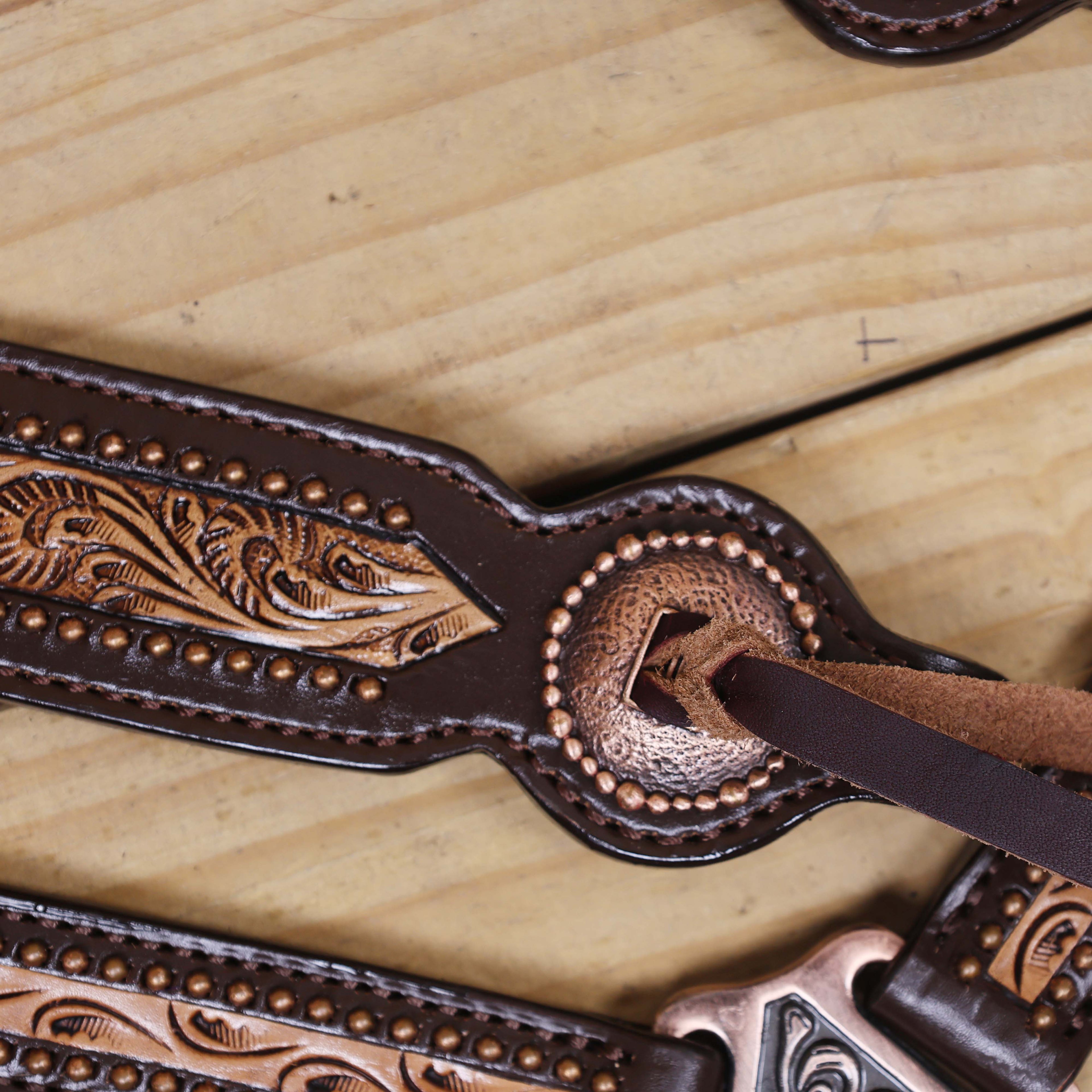 Western Leather Headstall and Breast Collar Tack Set with Hand-Carved Border, Tiny Copper Studs, Matching Slot Conchos, and Burgundy Leather Laces MOUSM