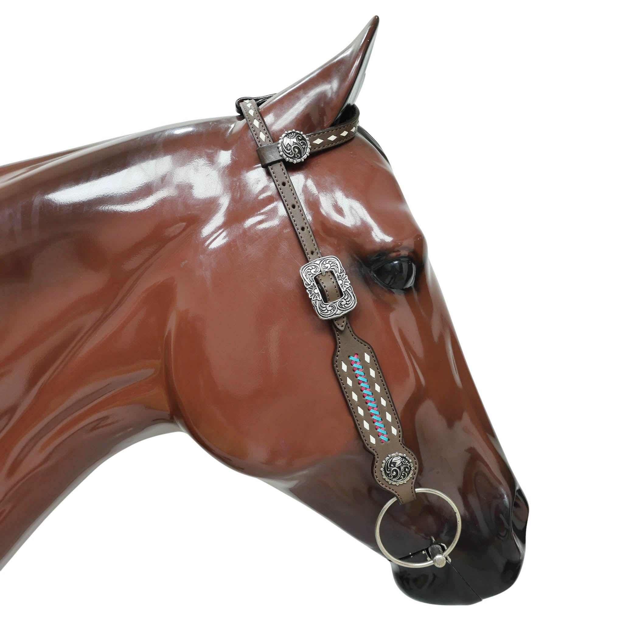 Western Headstall and Breast Collar Set with White Rawhide Braiding, Teal and Purple Crisscross Design, and Silver Antique Finish Hardware MOUSM