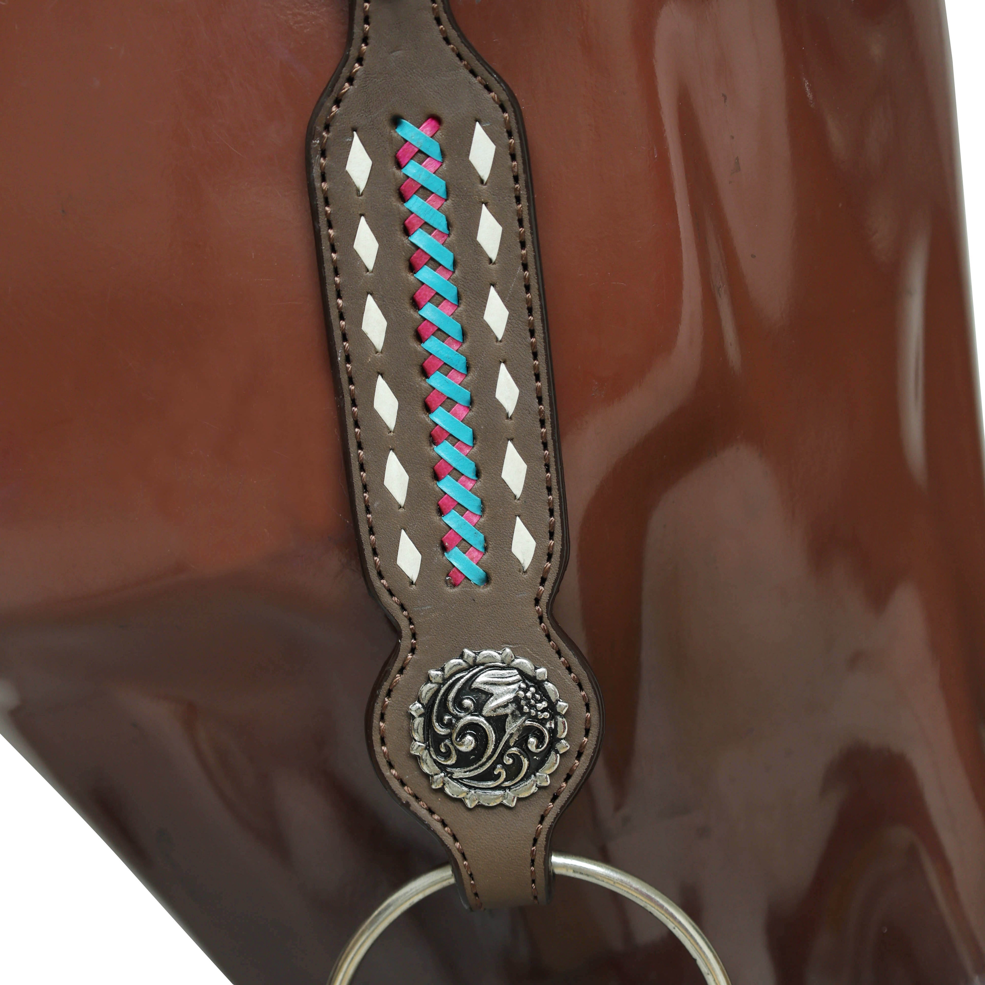 Western Headstall and Breast Collar Set with White Rawhide Braiding, Teal and Purple Crisscross Design, and Silver Antique Finish Hardware MOUSM