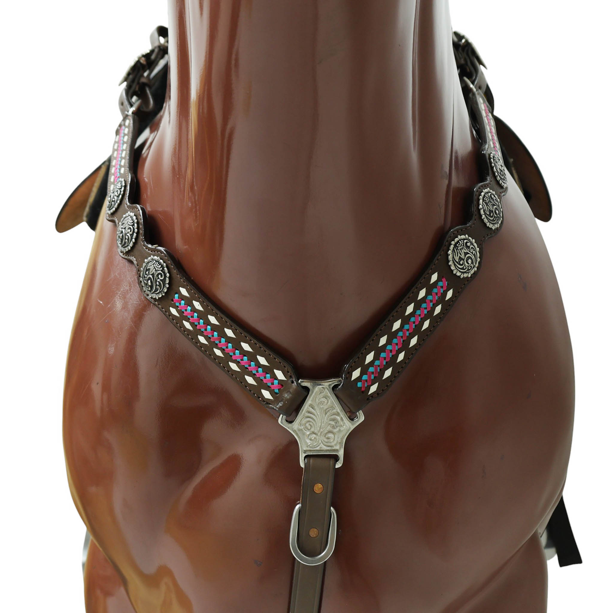 Western Headstall and Breast Collar Set with White Rawhide Braiding, Teal and Purple Crisscross Design, and Silver Antique Finish Hardware MOUSM