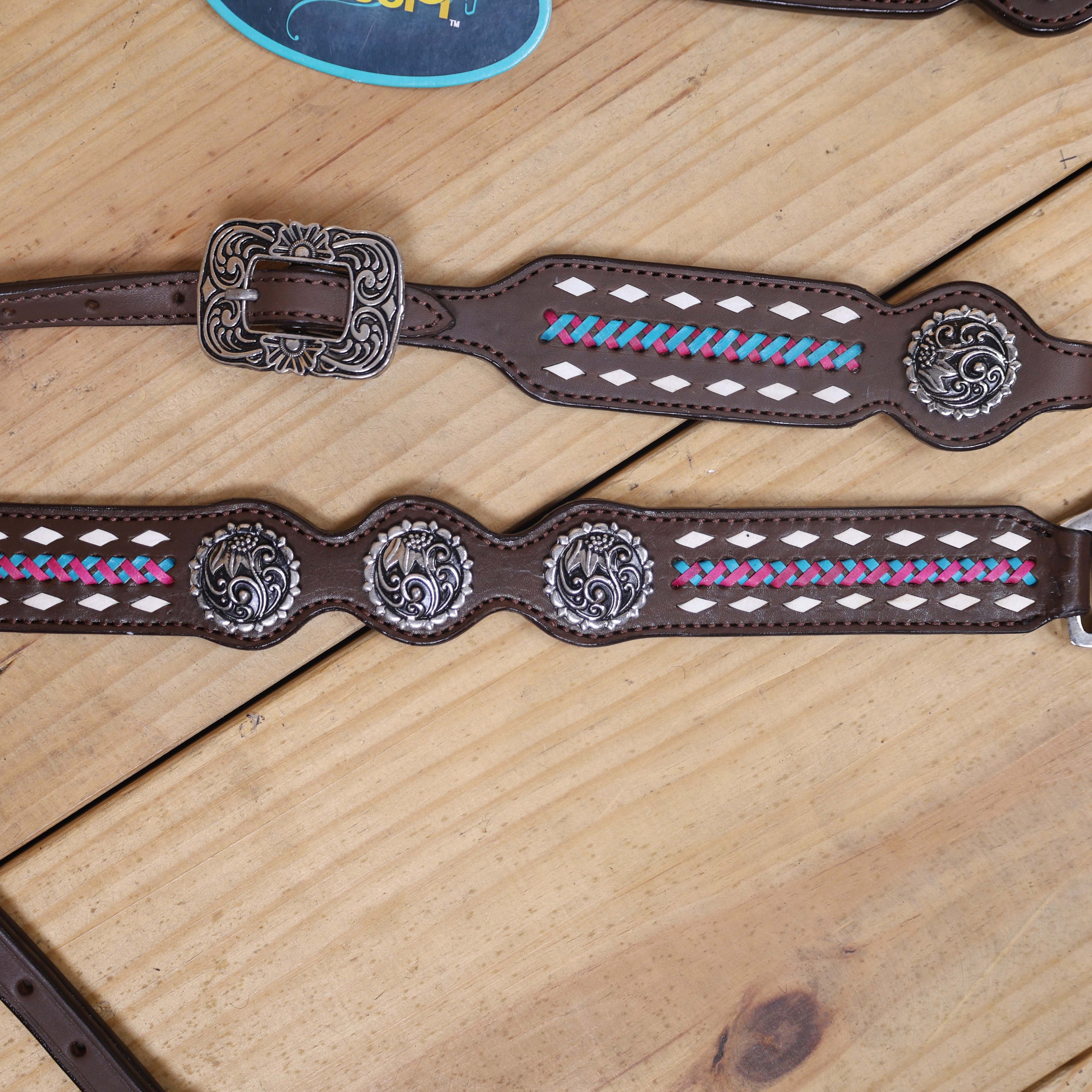 Western Headstall and Breast Collar Set with White Rawhide Braiding, Teal and Purple Crisscross Design, and Silver Antique Finish Hardware MOUSM