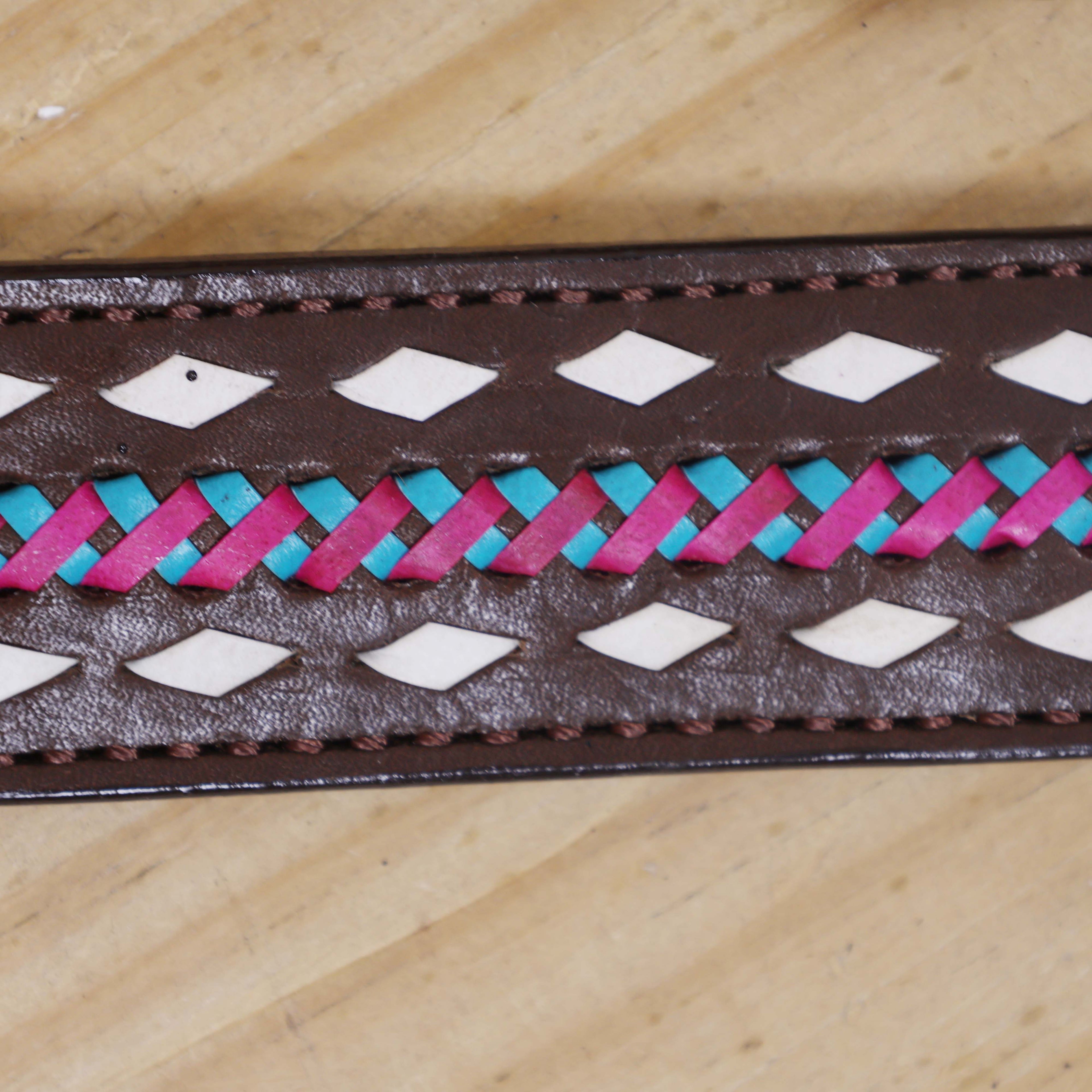 Western Headstall and Breast Collar Set with White Rawhide Braiding, Teal and Purple Crisscross Design, and Silver Antique Finish Hardware MOUSM
