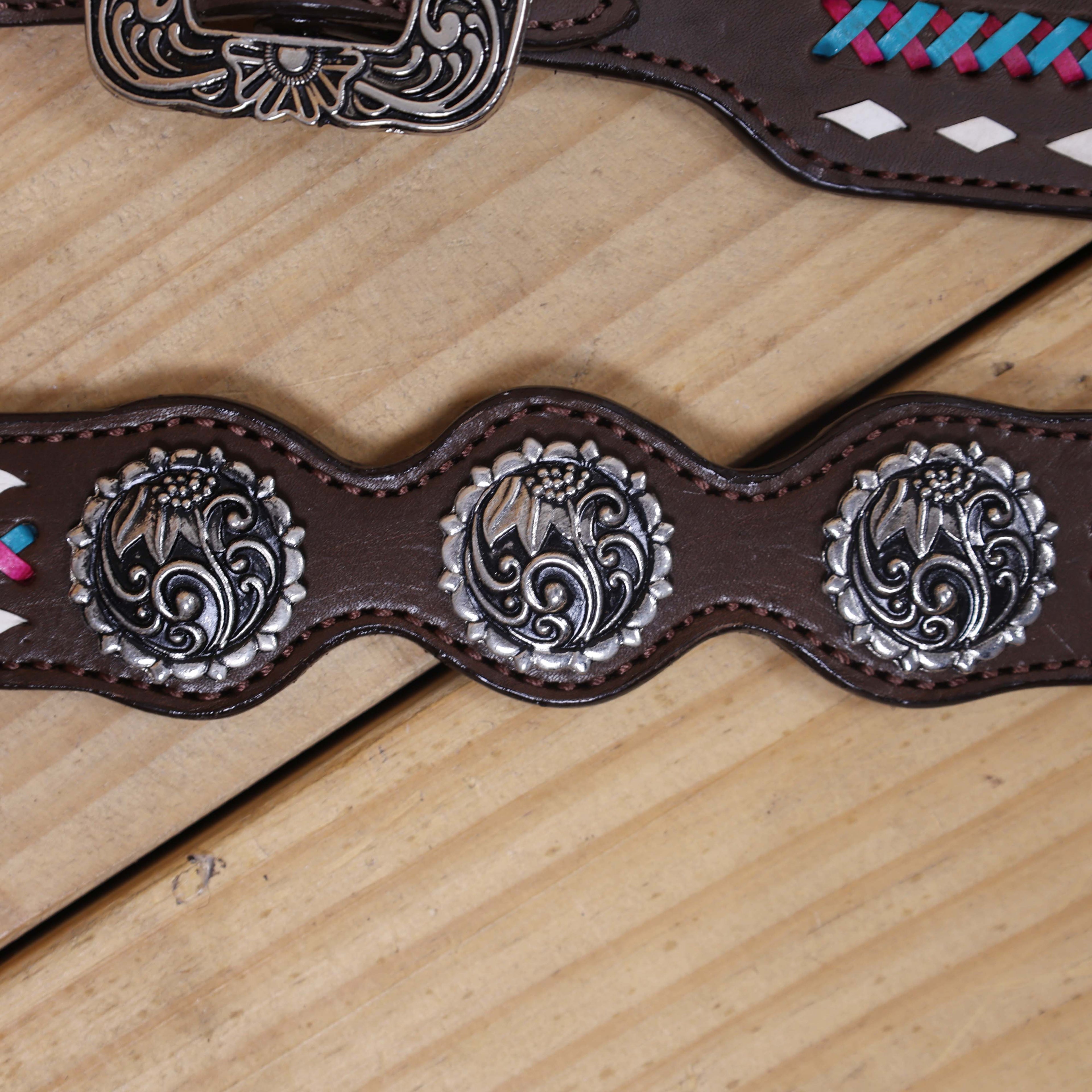 Western Headstall and Breast Collar Set with White Rawhide Braiding, Teal and Purple Crisscross Design, and Silver Antique Finish Hardware MOUSM