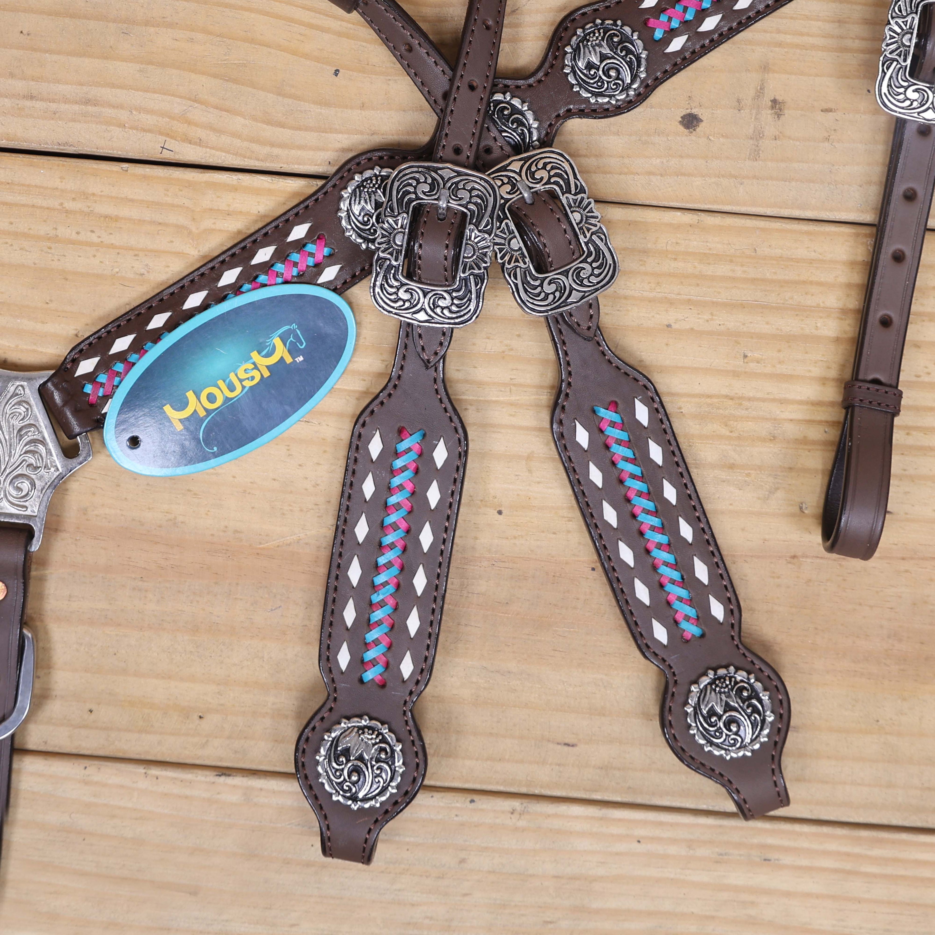 Western Headstall and Breast Collar Set with White Rawhide Braiding, Teal and Purple Crisscross Design, and Silver Antique Finish Hardware MOUSM