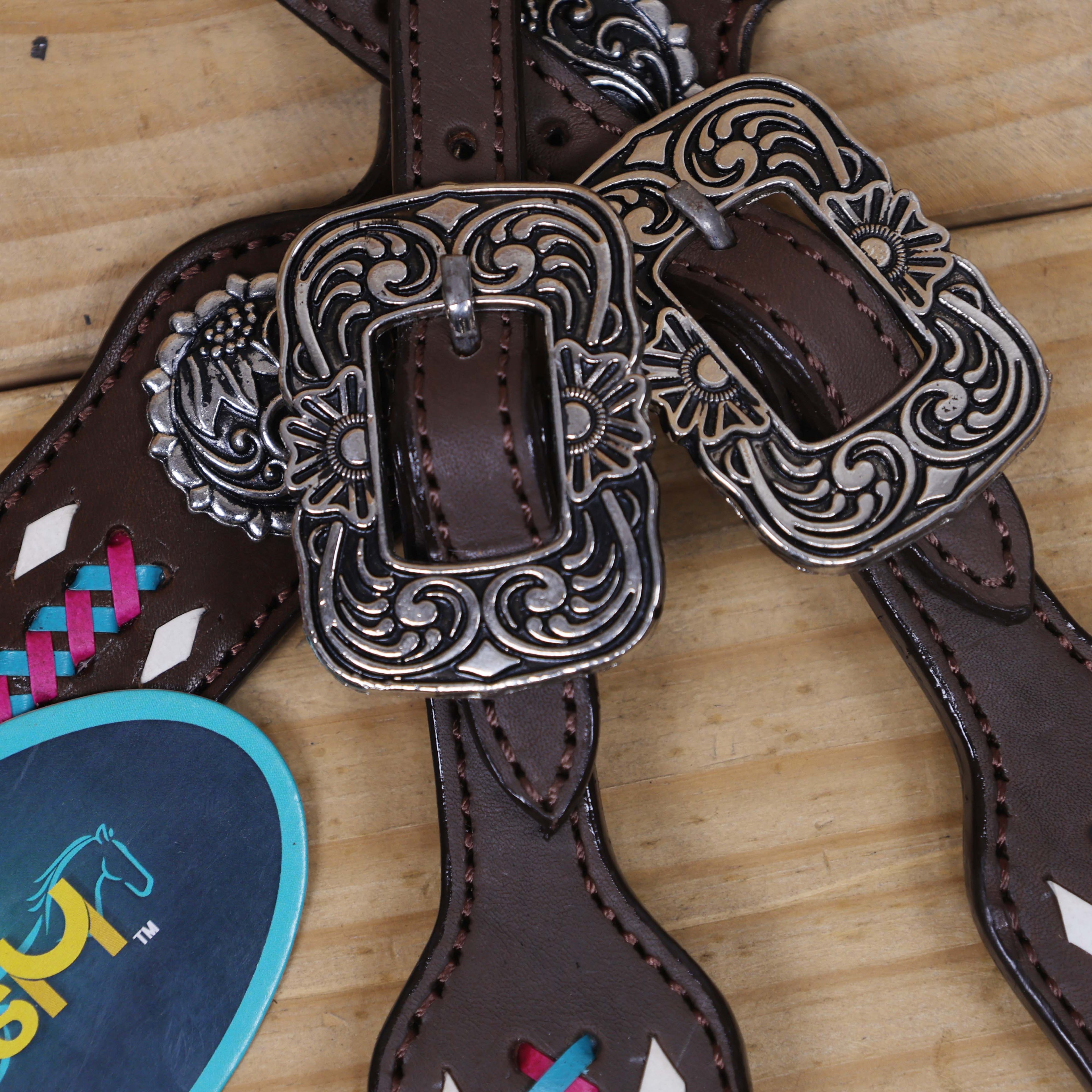 Western Headstall and Breast Collar Set with White Rawhide Braiding, Teal and Purple Crisscross Design, and Silver Antique Finish Hardware MOUSM