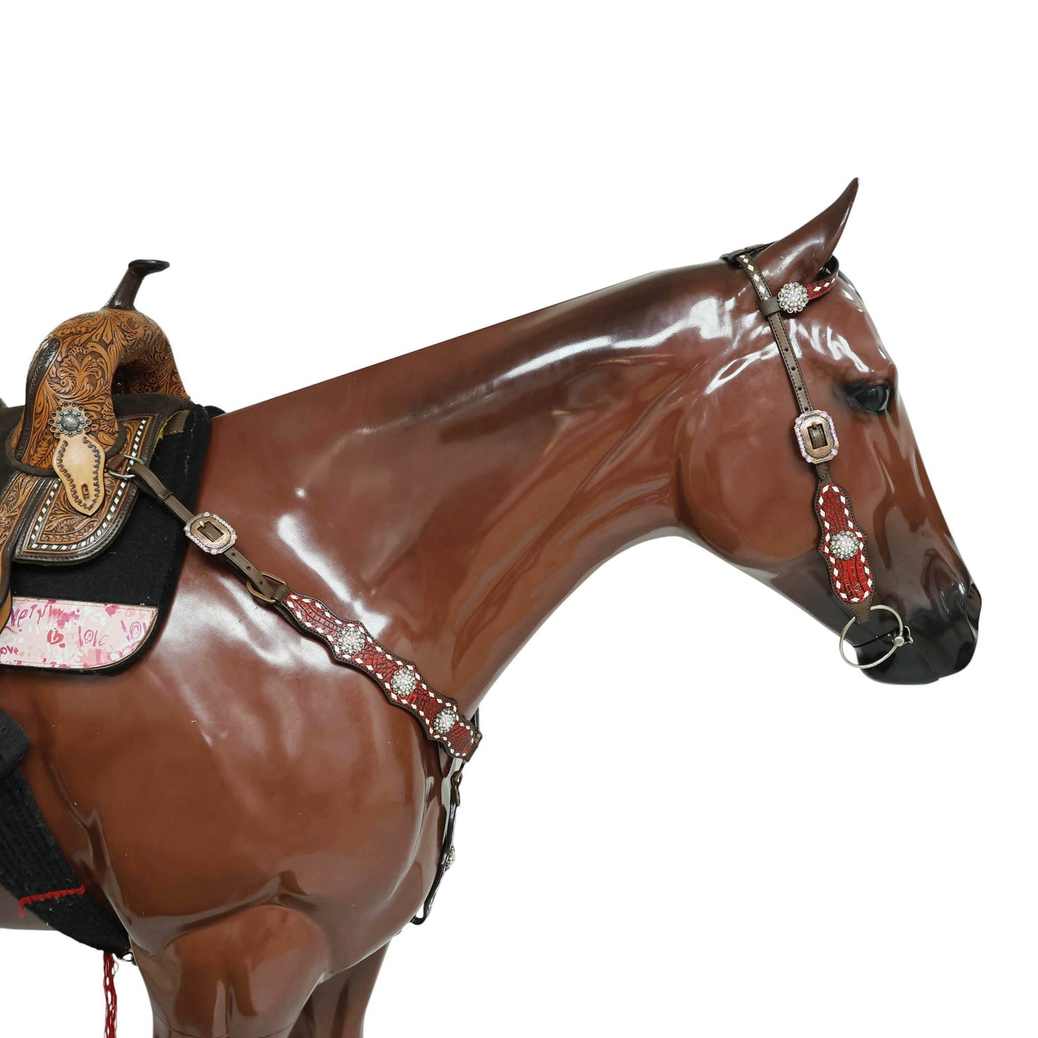 Western One Ear Headstall Set Decorated with Red Alligator Leather, White Rawhide Buck Stitching, and AB Rhinestone Berry Conchos MOUSM