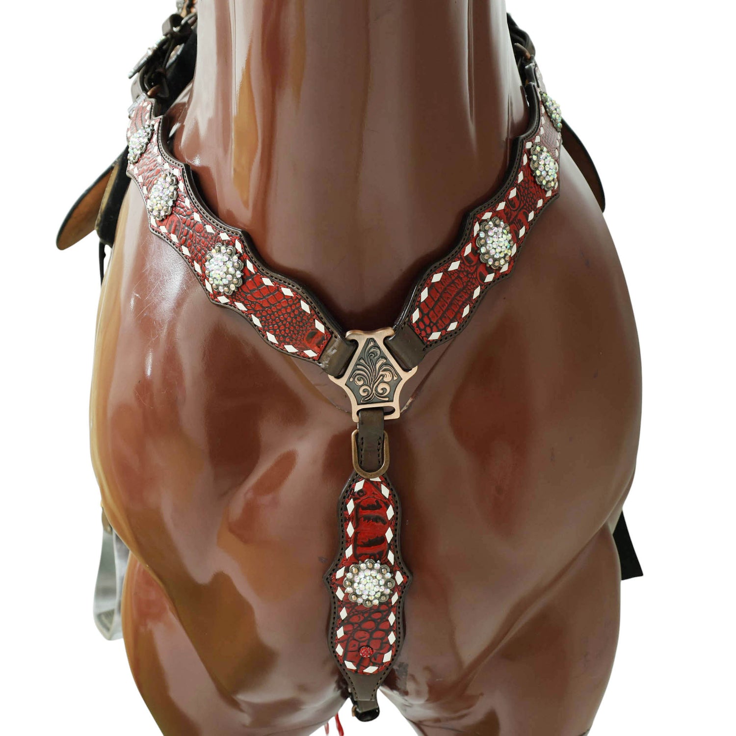 Western One Ear Headstall Set Decorated with Red Alligator Leather, White Rawhide Buck Stitching, and AB Rhinestone Berry Conchos MOUSM