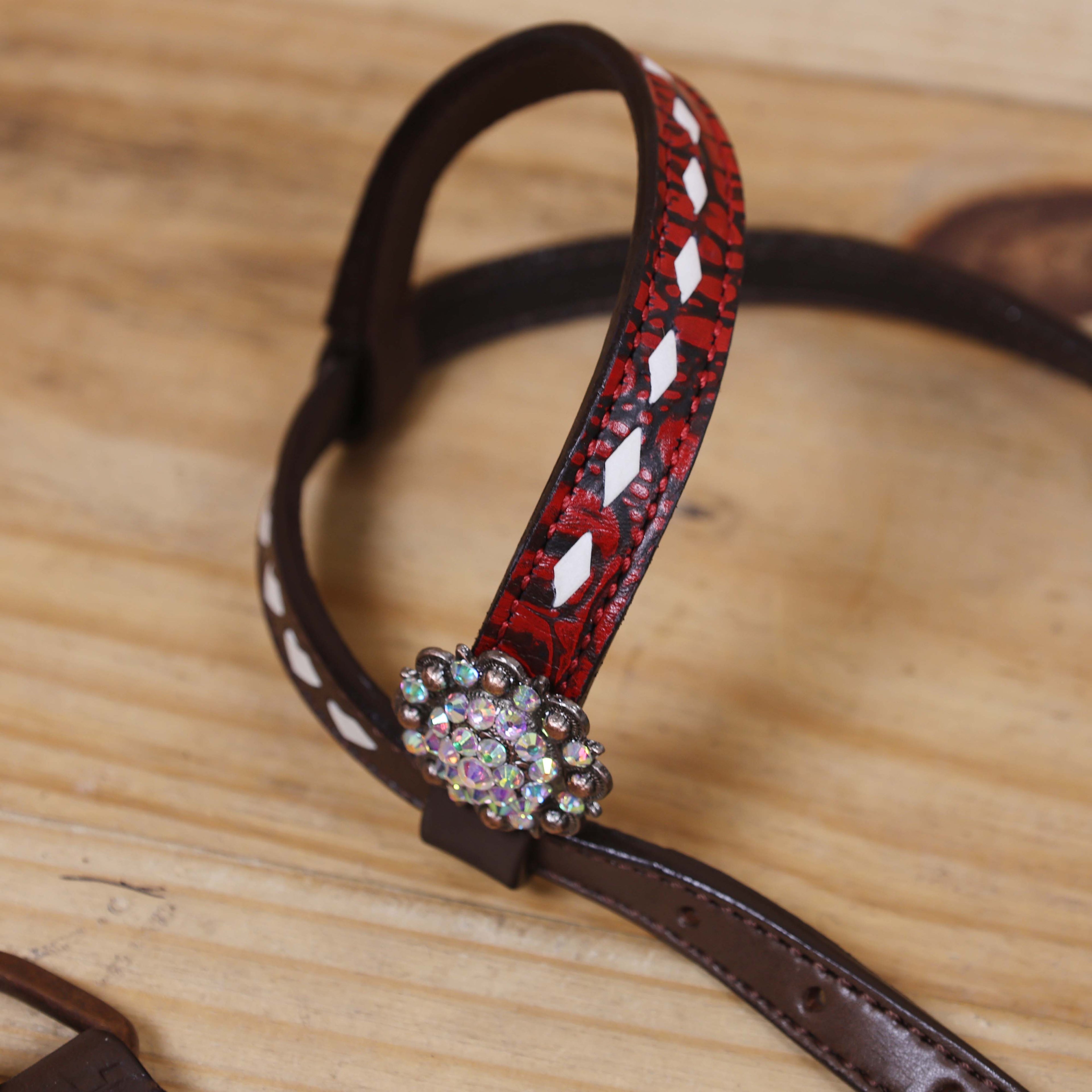 Western One Ear Headstall Set Decorated with Red Alligator Leather, White Rawhide Buck Stitching, and AB Rhinestone Berry Conchos MOUSM