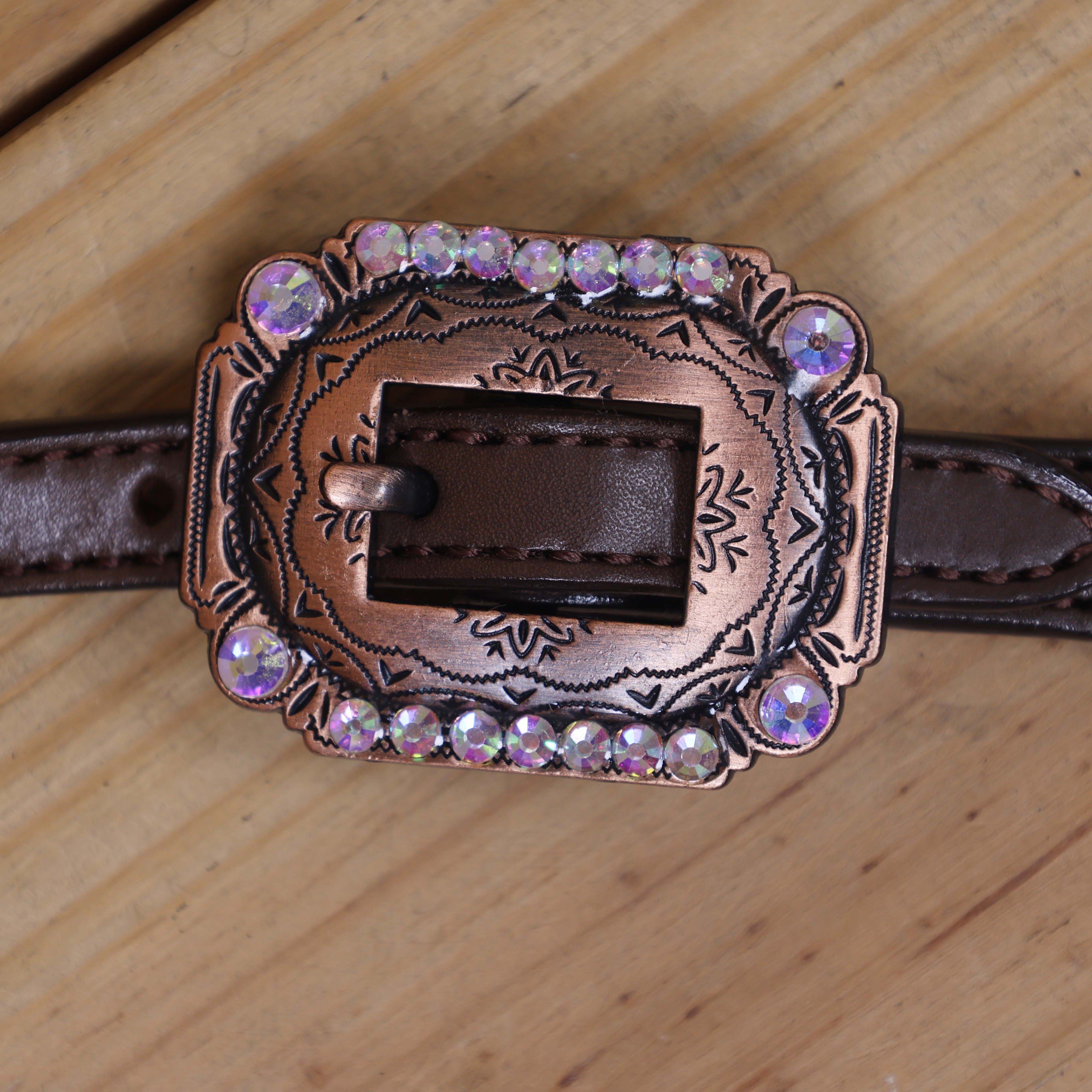 Western One Ear Headstall Set Decorated with Red Alligator Leather, White Rawhide Buck Stitching, and AB Rhinestone Berry Conchos MOUSM