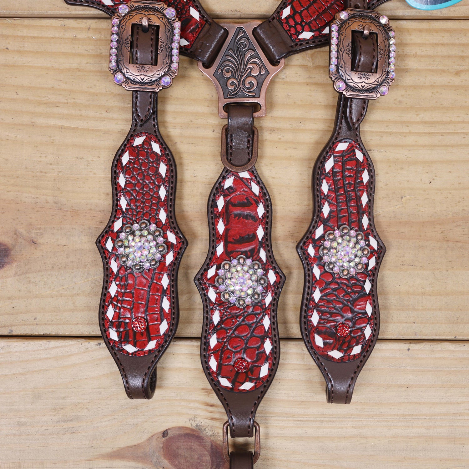 Western One Ear Headstall Set Decorated with Red Alligator Leather, White Rawhide Buck Stitching, and AB Rhinestone Berry Conchos MOUSM
