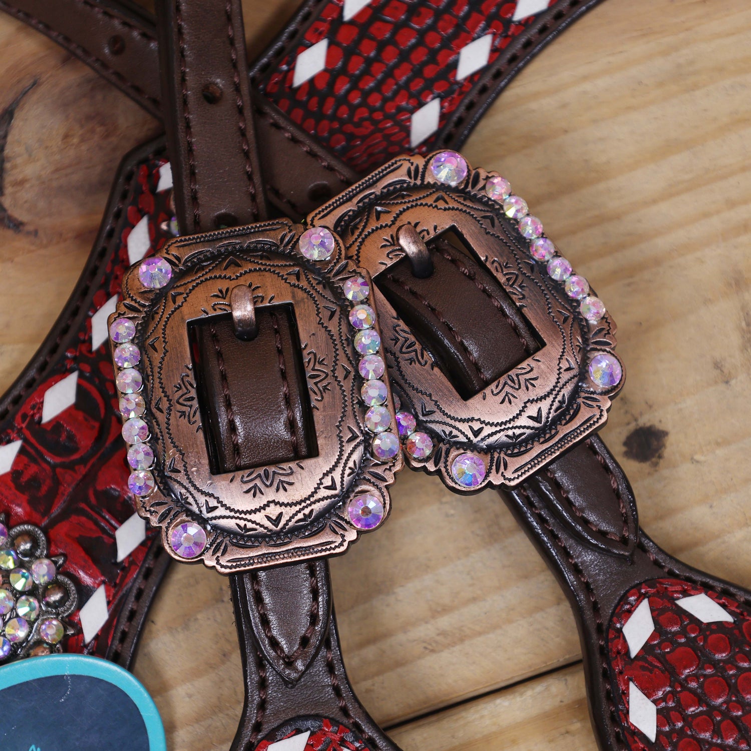 Western One Ear Headstall Set Decorated with Red Alligator Leather, White Rawhide Buck Stitching, and AB Rhinestone Berry Conchos MOUSM
