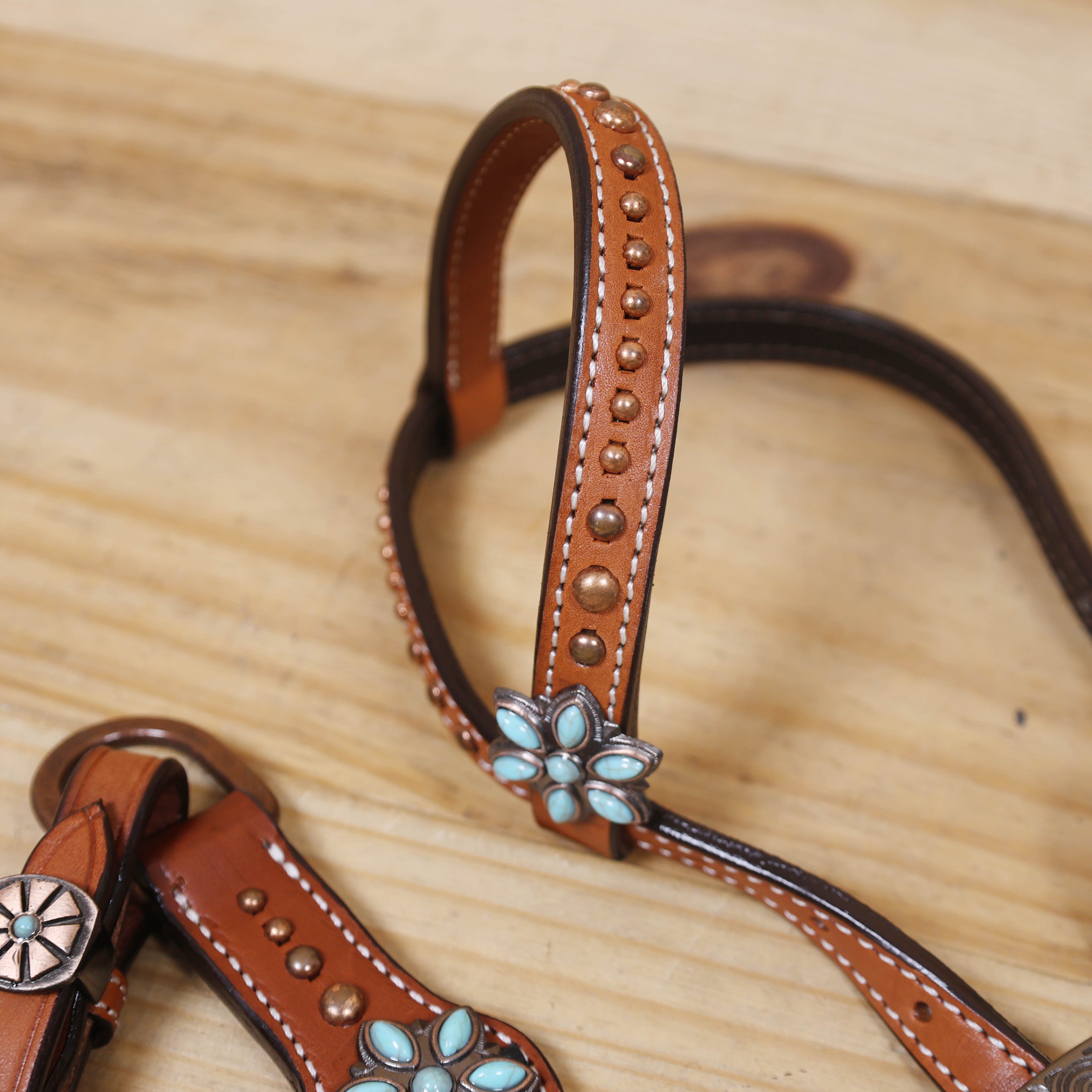 Western Headstall and Breast Collar Set with Plain Brown Leather with Black Alligator Leather Textured, Copper Studs, and Turquoise Stone Flower Conchos MOUSM