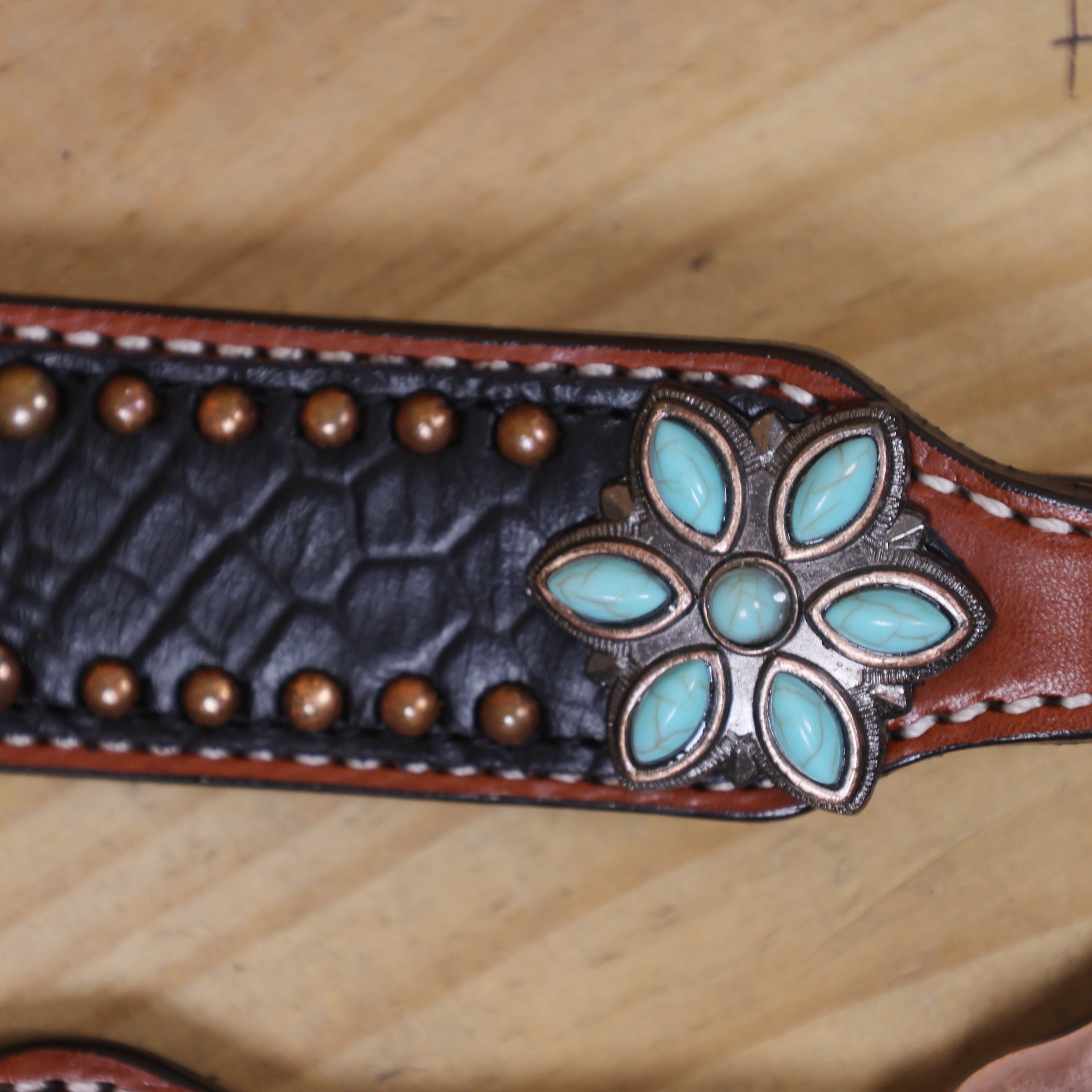 Western Headstall and Breast Collar Set with Plain Brown Leather with Black Alligator Leather Textured, Copper Studs, and Turquoise Stone Flower Conchos MOUSM