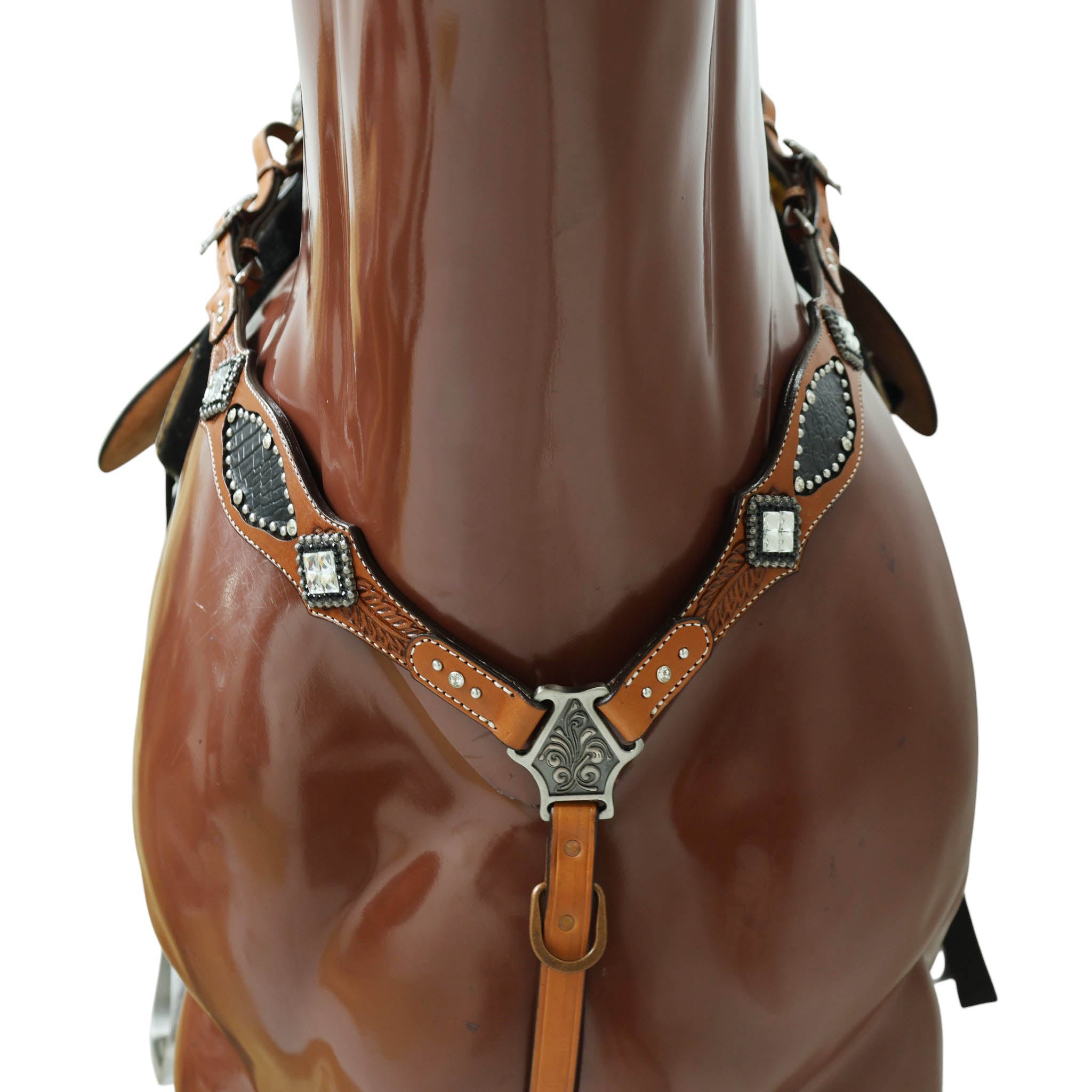 Western Horse Headstall Tack Set with Feather Carving, Black Alligator Leather Inlay, Silver Studs, and Clear Rhinestone Square Hardware MOUSM