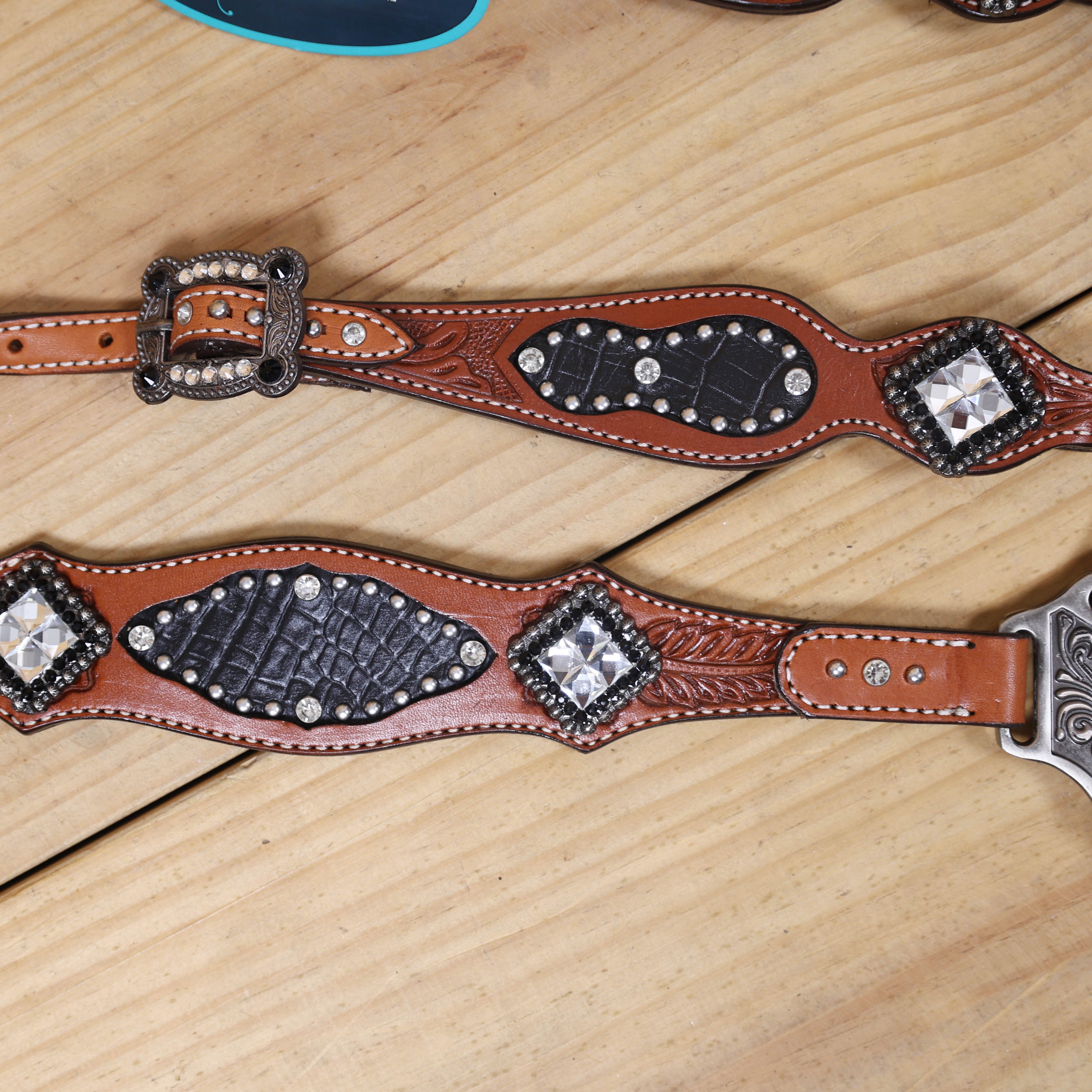 Western Horse Headstall Tack Set with Feather Carving, Black Alligator Leather Inlay, Silver Studs, and Clear Rhinestone Square Hardware MOUSM