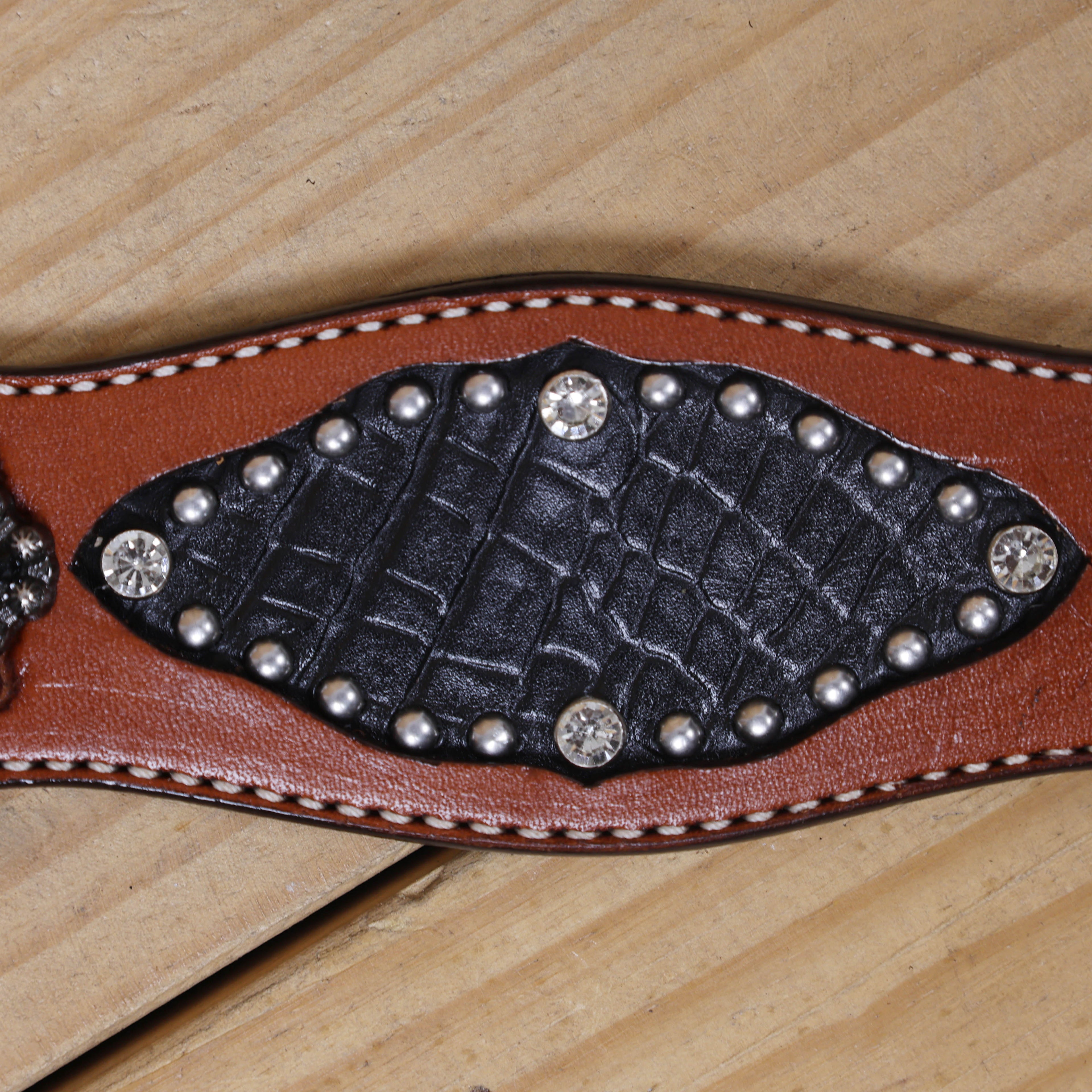 Western Horse Headstall Tack Set with Feather Carving, Black Alligator Leather Inlay, Silver Studs, and Clear Rhinestone Square Hardware MOUSM