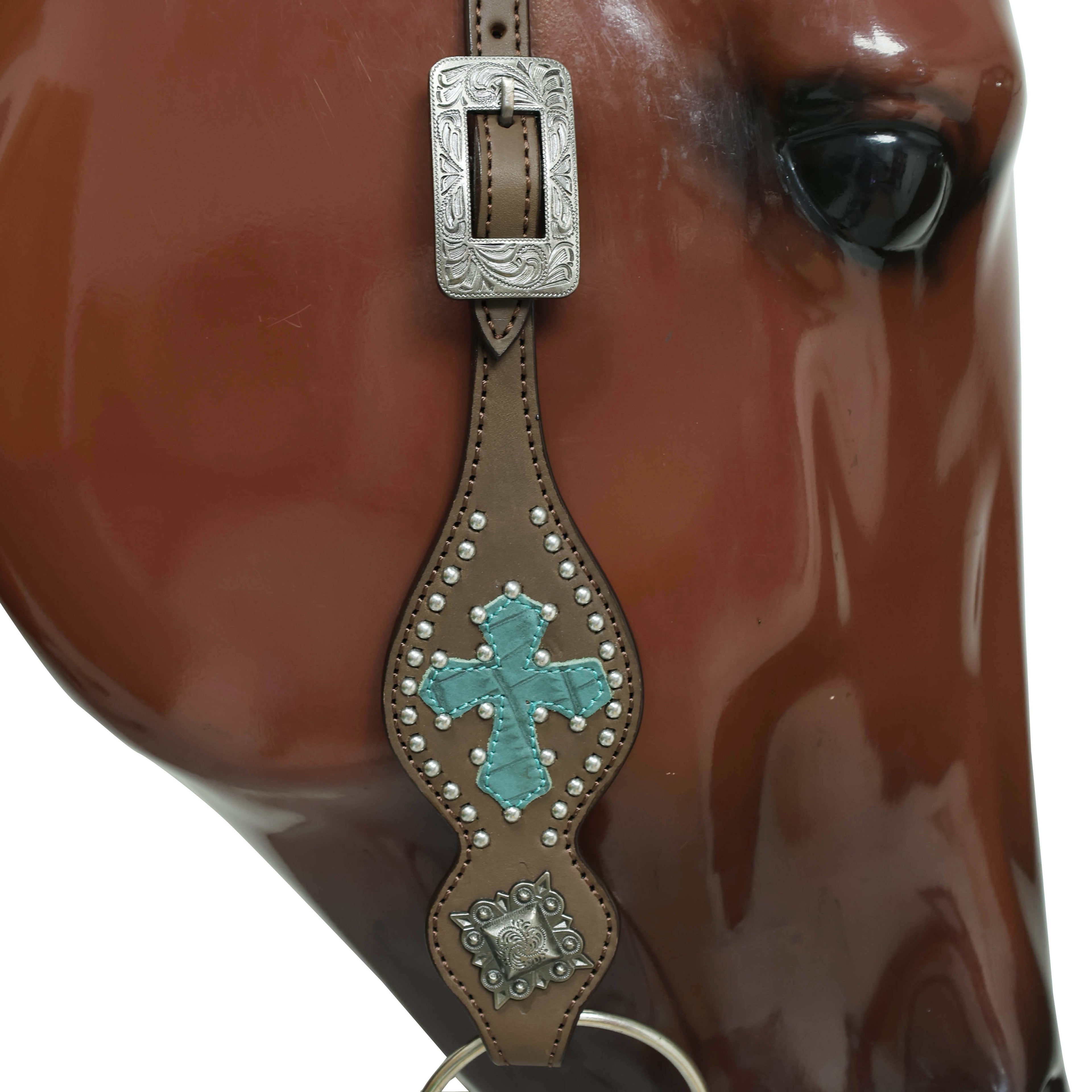 Western Headstall and Breast Collar Set with Turquoise Alligator Skin Textured Inlay, Cross Design Patch, and Silver Studs with Square Berry Conchos MOUSM