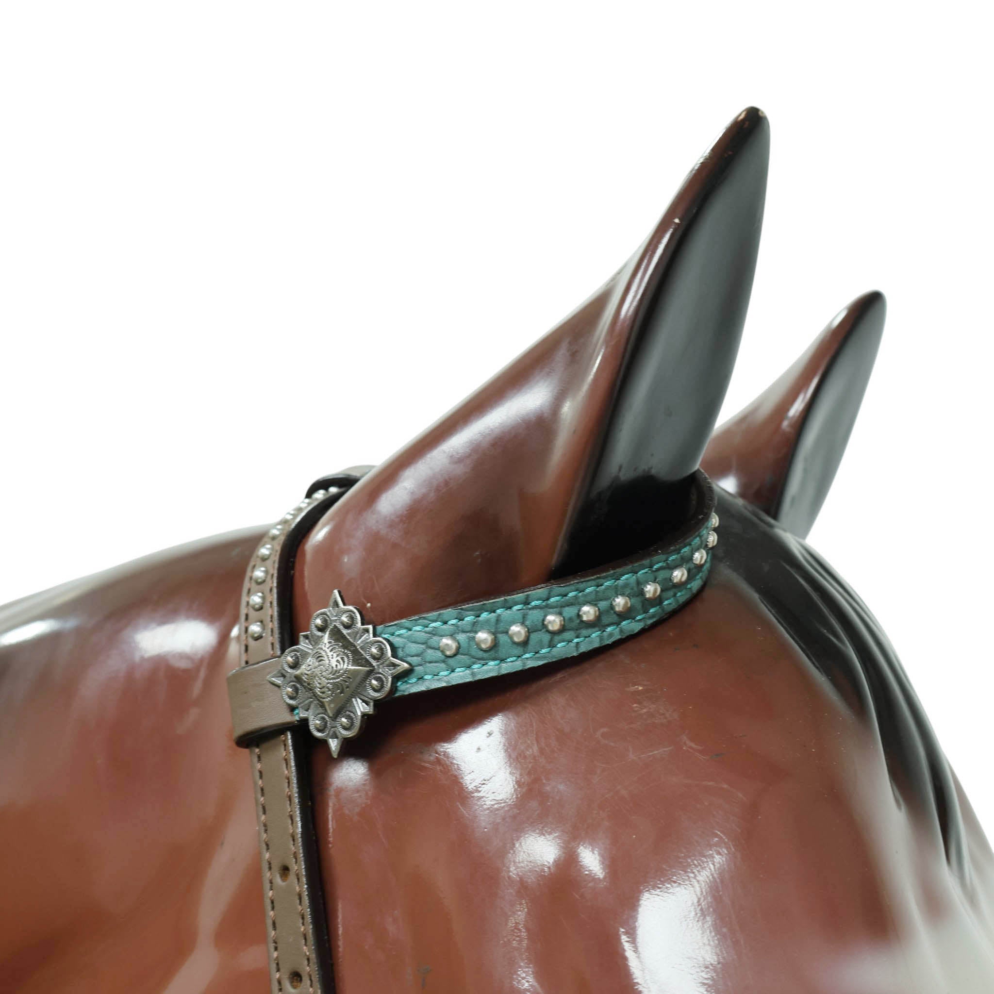 Western Headstall and Breast Collar Set with Turquoise Alligator Skin Textured Inlay, Cross Design Patch, and Silver Studs with Square Berry Conchos MOUSM