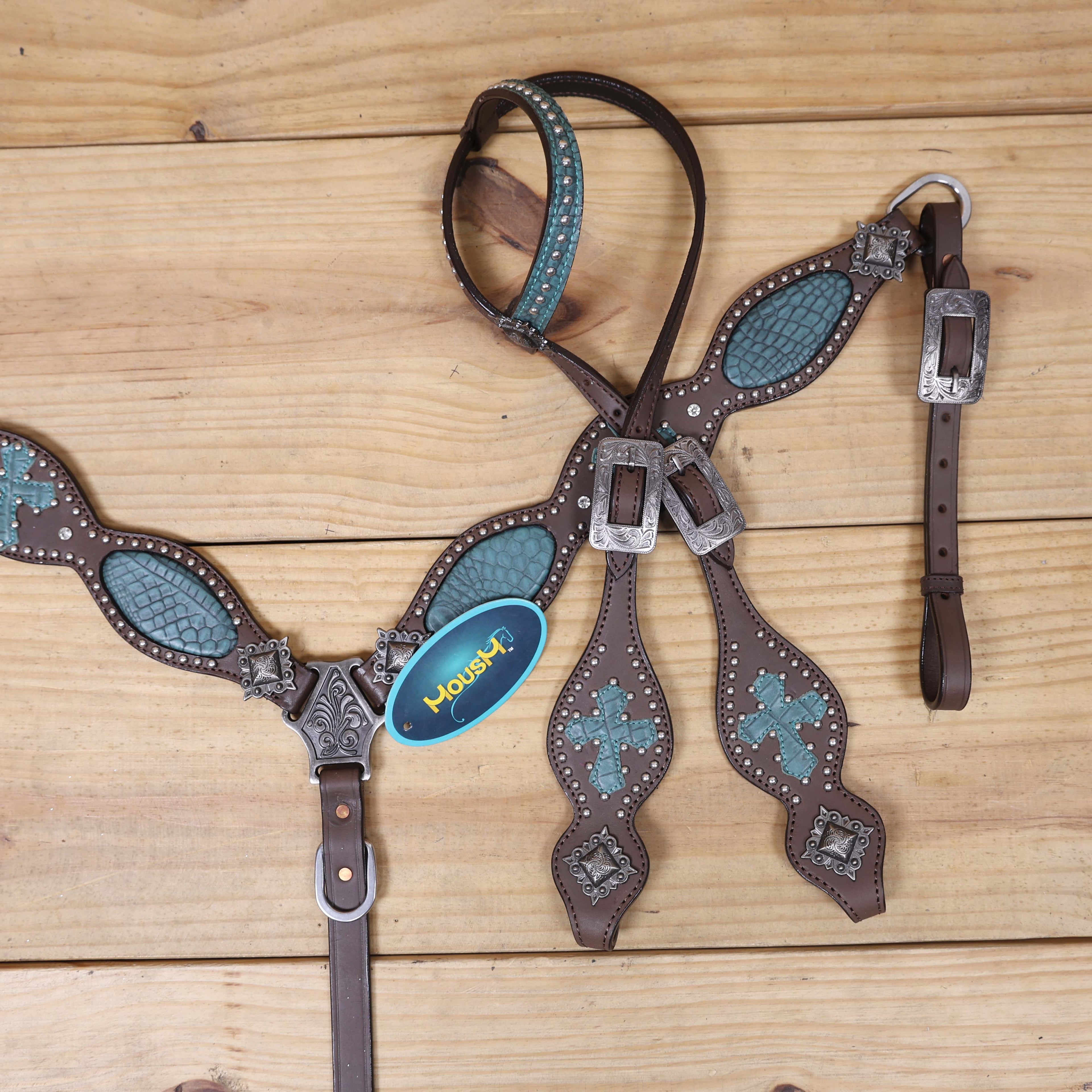 Western Headstall and Breast Collar Set with Turquoise Alligator Skin Textured Inlay, Cross Design Patch, and Silver Studs with Square Berry Conchos MOUSM