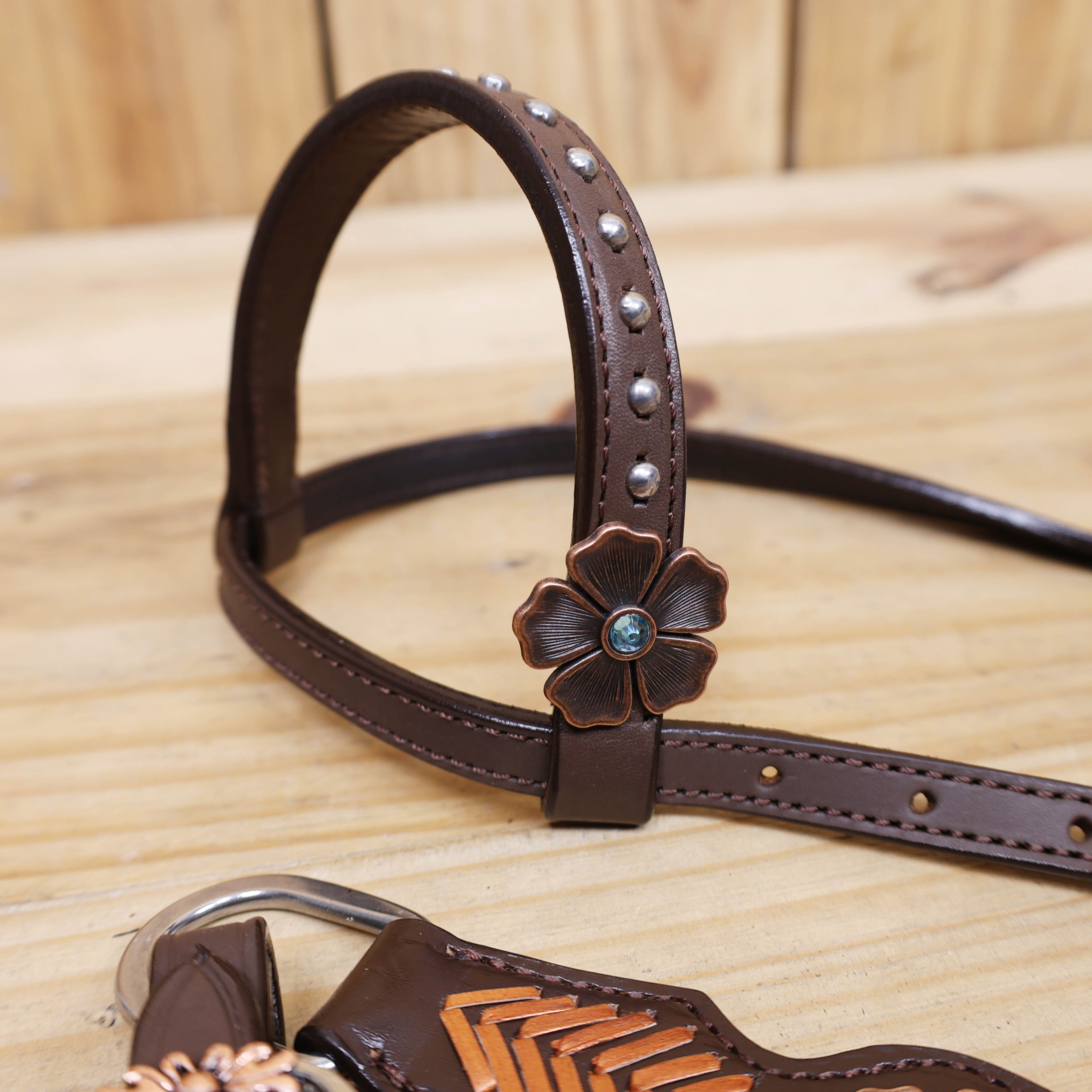 Western Horse Headstall and Breast Collar Set with Arrow Style Copper Raw Hide Braiding and Geometric Flower Carving and Big Flower Conchos MOUSM