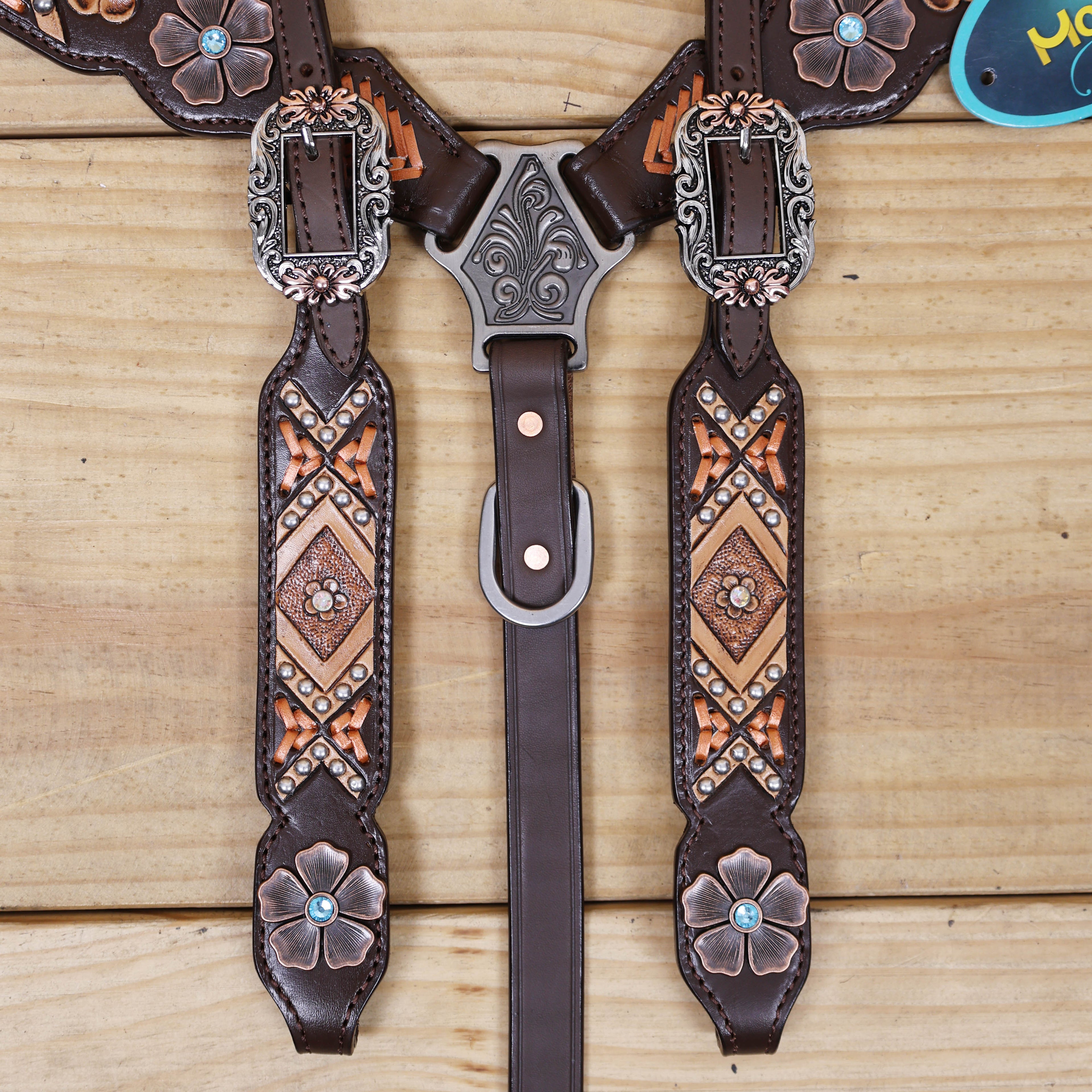 Western Horse Headstall and Breast Collar Set with Arrow Style Copper Raw Hide Braiding and Geometric Flower Carving and Big Flower Conchos MOUSM