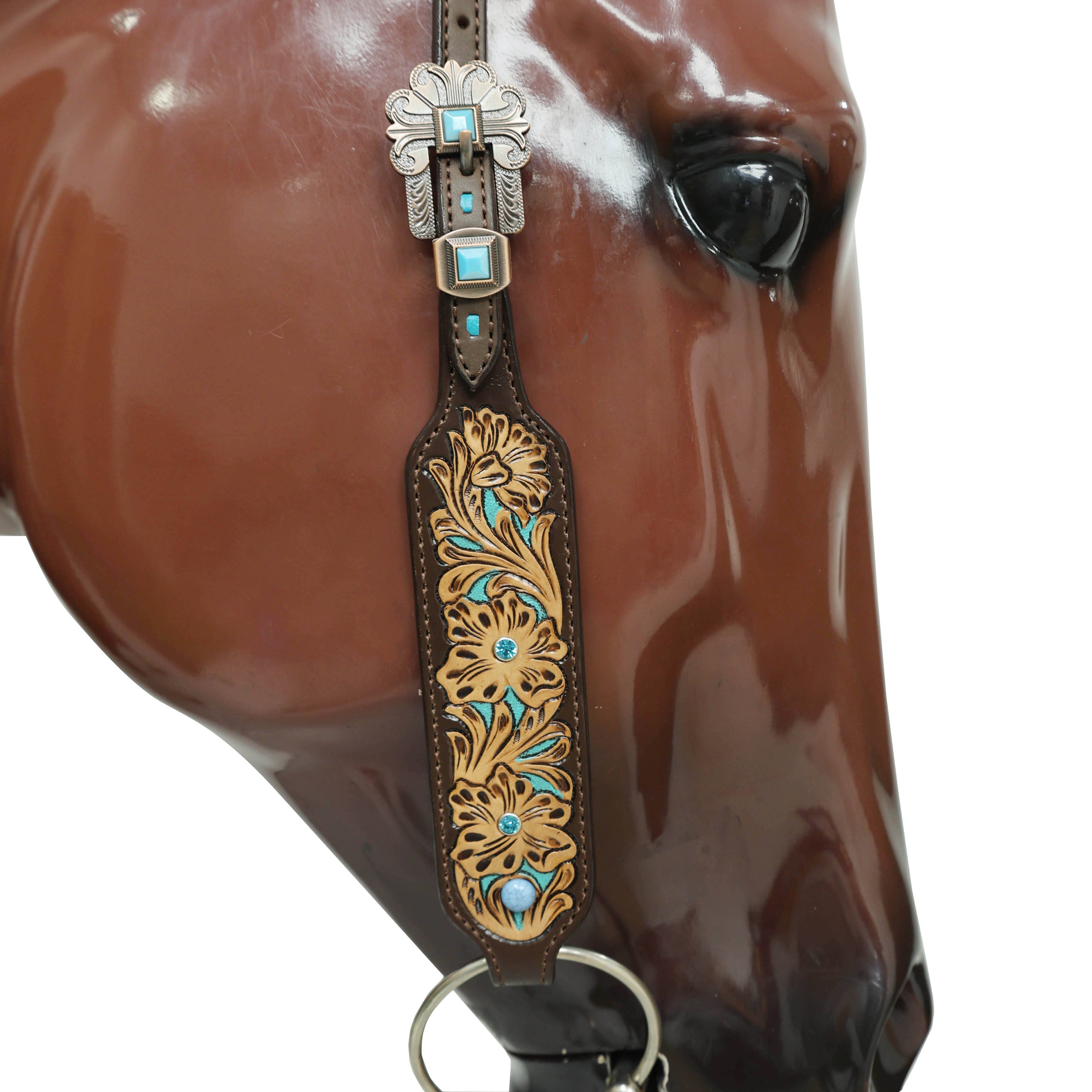 Western Horse Headstall Tack Set Decorated with Turquoise Criss Cross Rawhide Braiding with Flower Filigree Carving with Turquoise Inlay MOUSM
