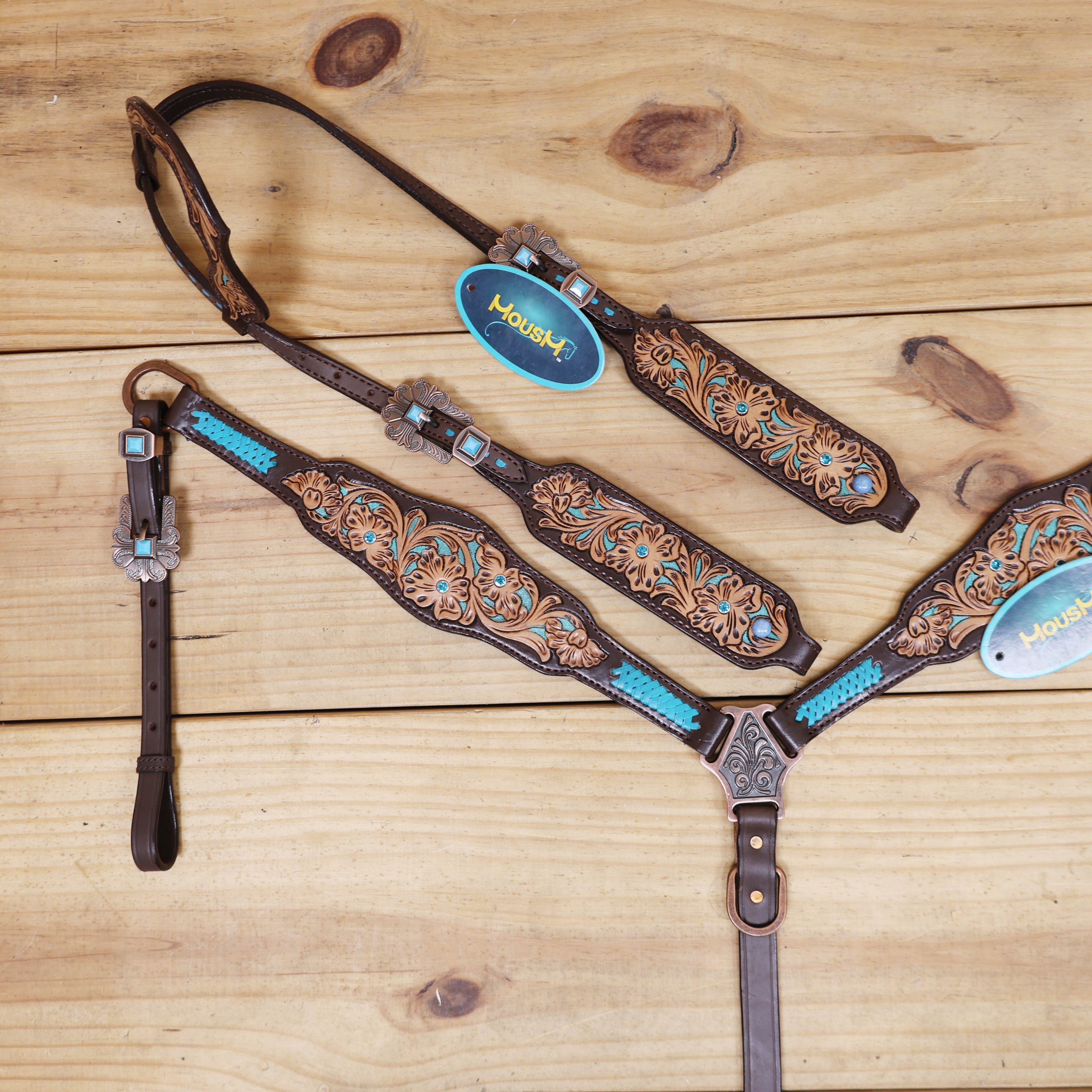 Western Horse Headstall Tack Set Decorated with Turquoise Criss Cross Rawhide Braiding with Flower Filigree Carving with Turquoise Inlay MOUSM