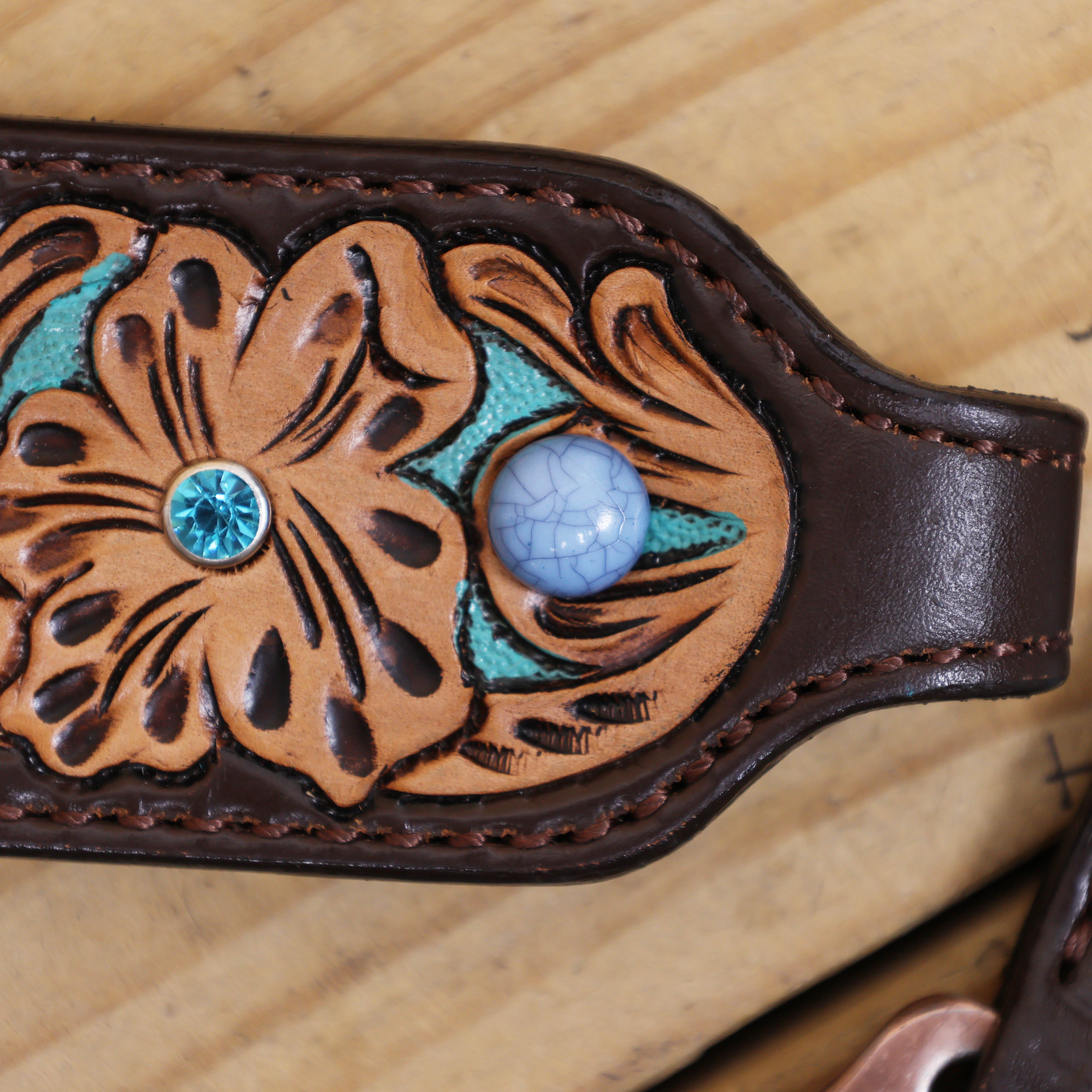 Western Horse Headstall Tack Set Decorated with Turquoise Criss Cross Rawhide Braiding with Flower Filigree Carving with Turquoise Inlay MOUSM