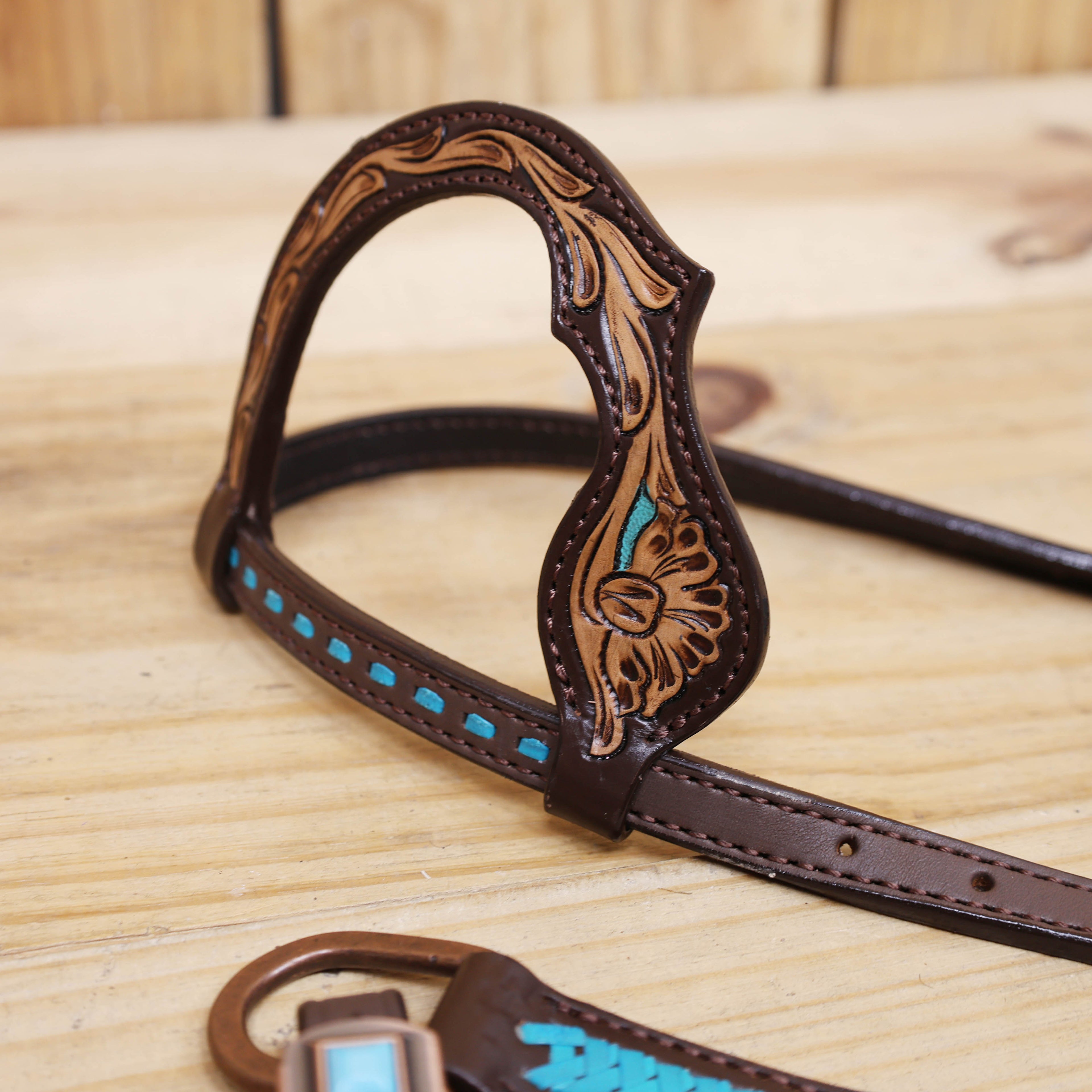 Western Horse Headstall Tack Set Decorated with Turquoise Criss Cross Rawhide Braiding with Flower Filigree Carving with Turquoise Inlay MOUSM