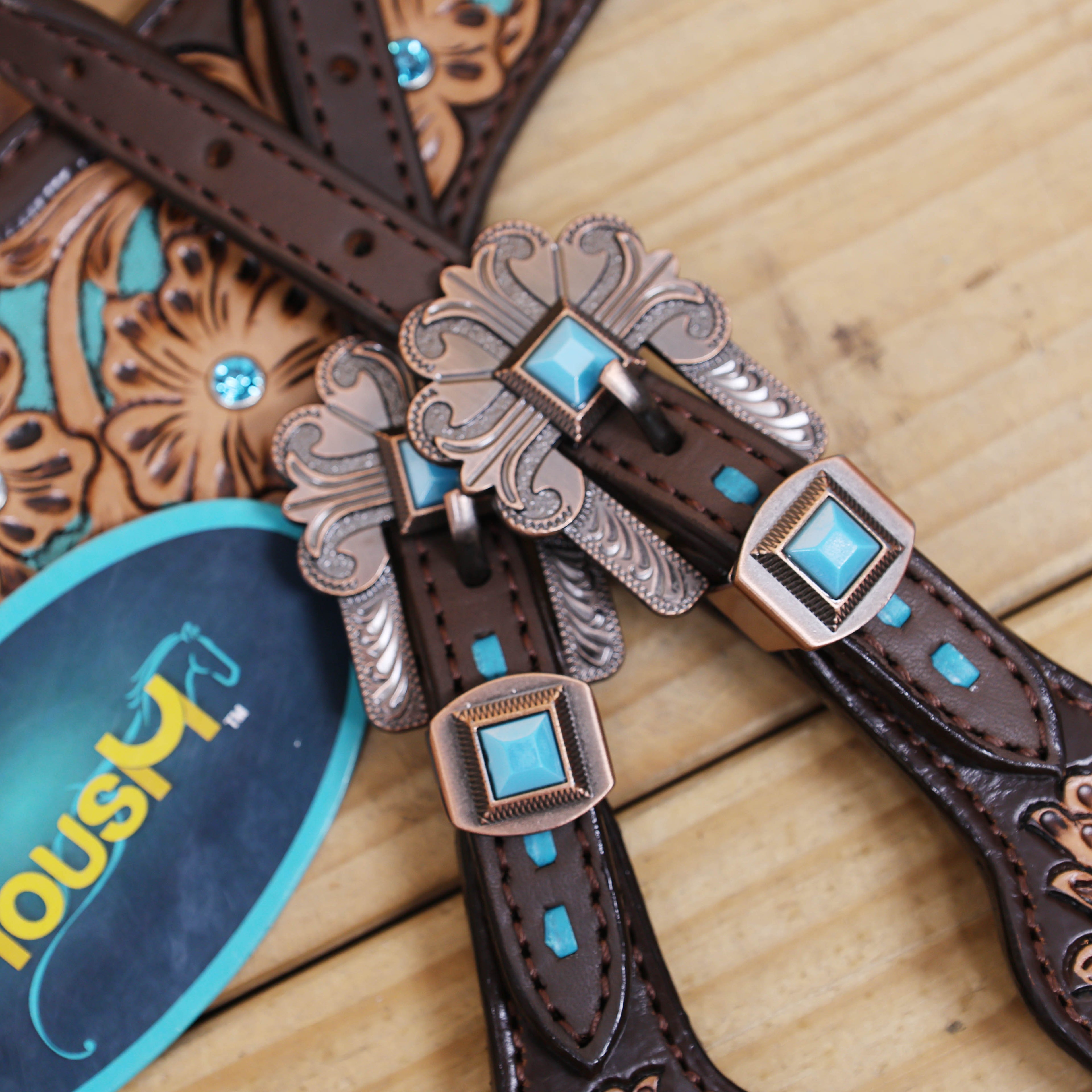 Western Horse Headstall Tack Set Decorated with Turquoise Criss Cross Rawhide Braiding with Flower Filigree Carving with Turquoise Inlay MOUSM