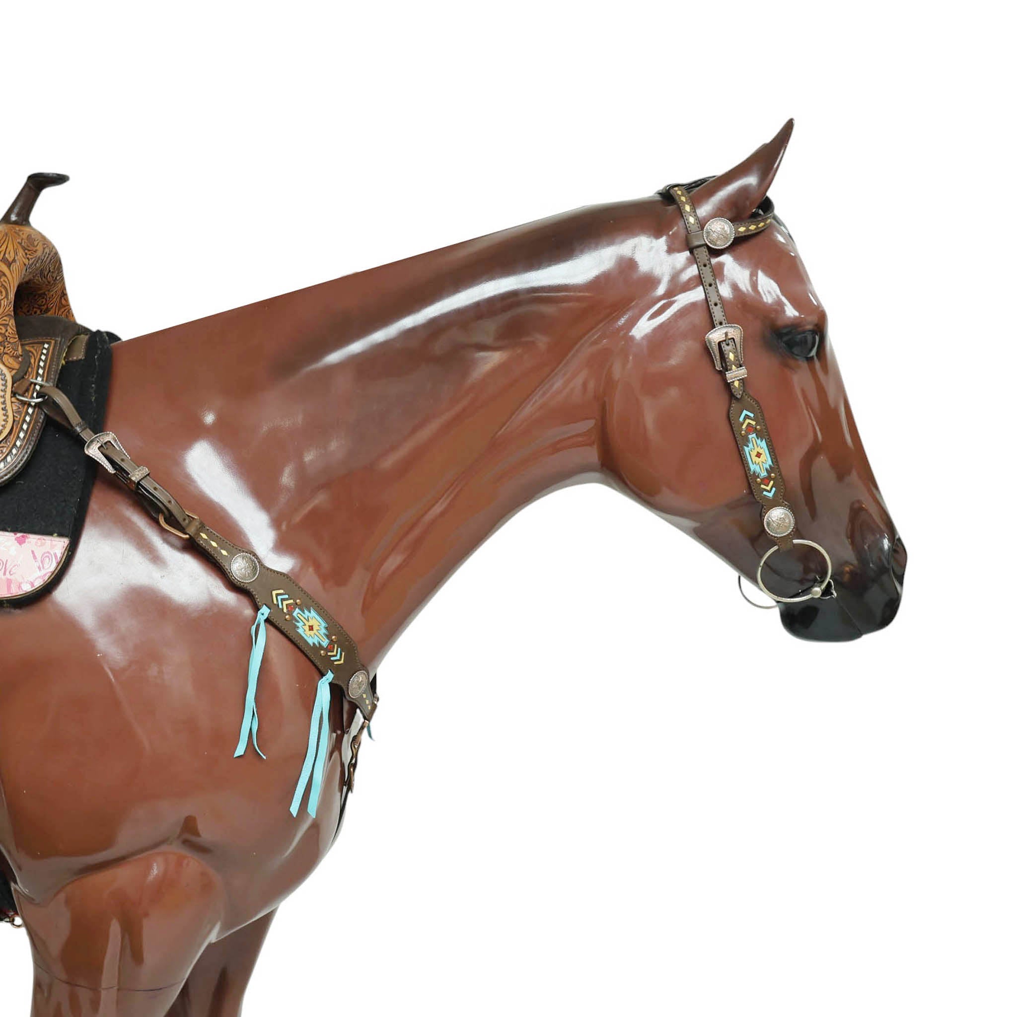 Western Horse Headstall Set Decorated with Geometrical Tooling with Golden Turquoise Hand Painting, Cross Arrow Concho with Turquoise Laces MOUSM