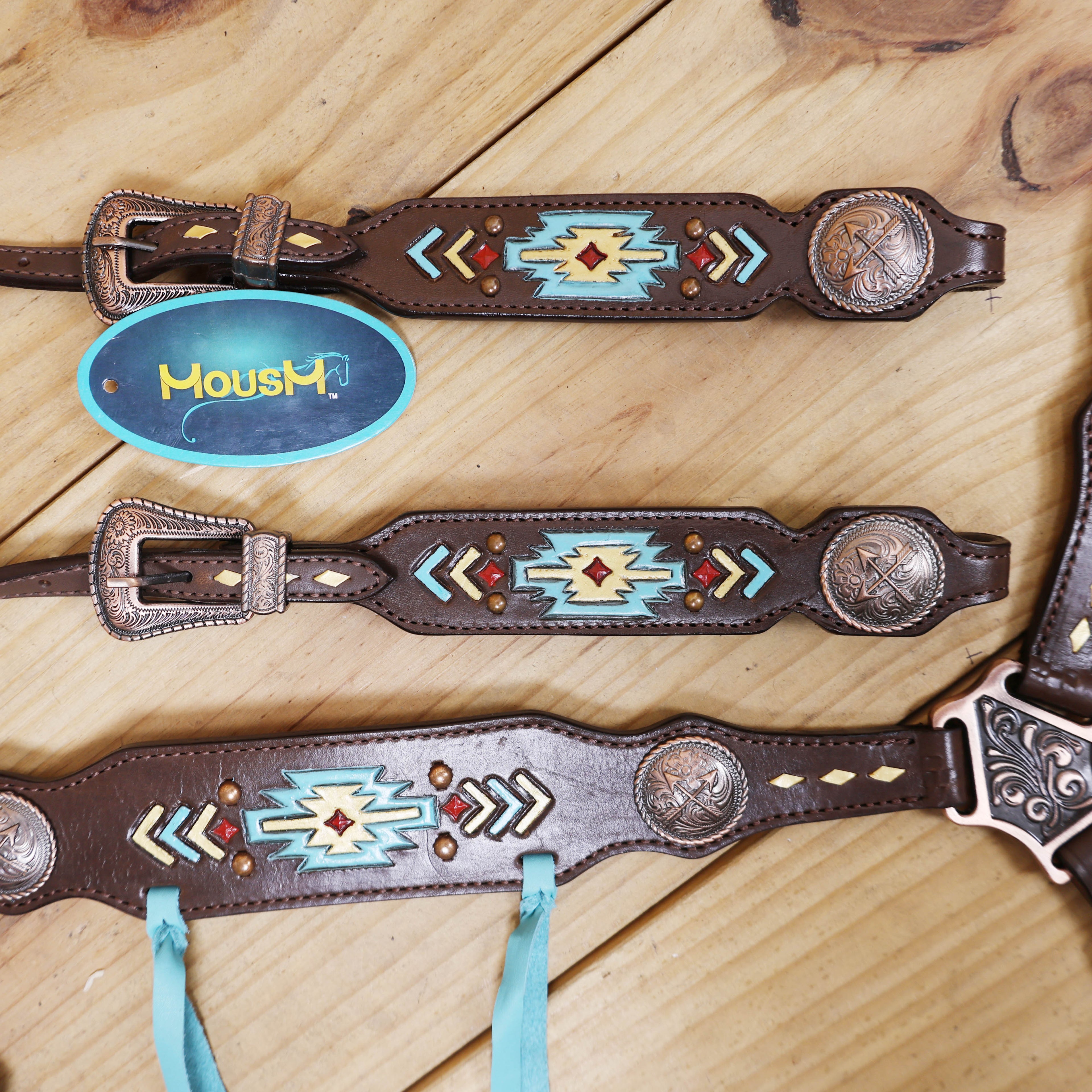 Western Horse Headstall Set Decorated with Geometrical Tooling with Golden Turquoise Hand Painting, Cross Arrow Concho with Turquoise Laces MOUSM