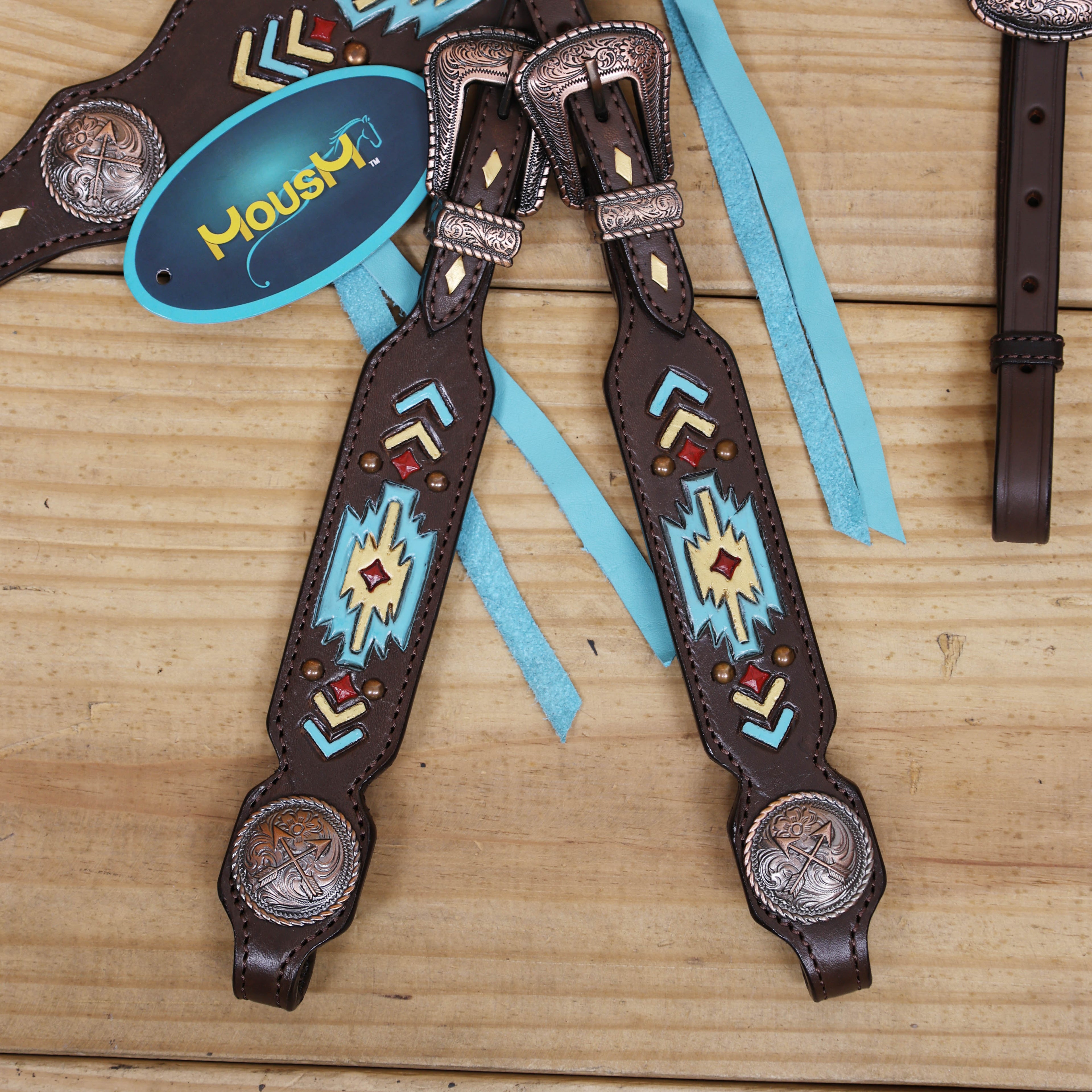 Western Horse Headstall Set Decorated with Geometrical Tooling with Golden Turquoise Hand Painting, Cross Arrow Concho with Turquoise Laces MOUSM