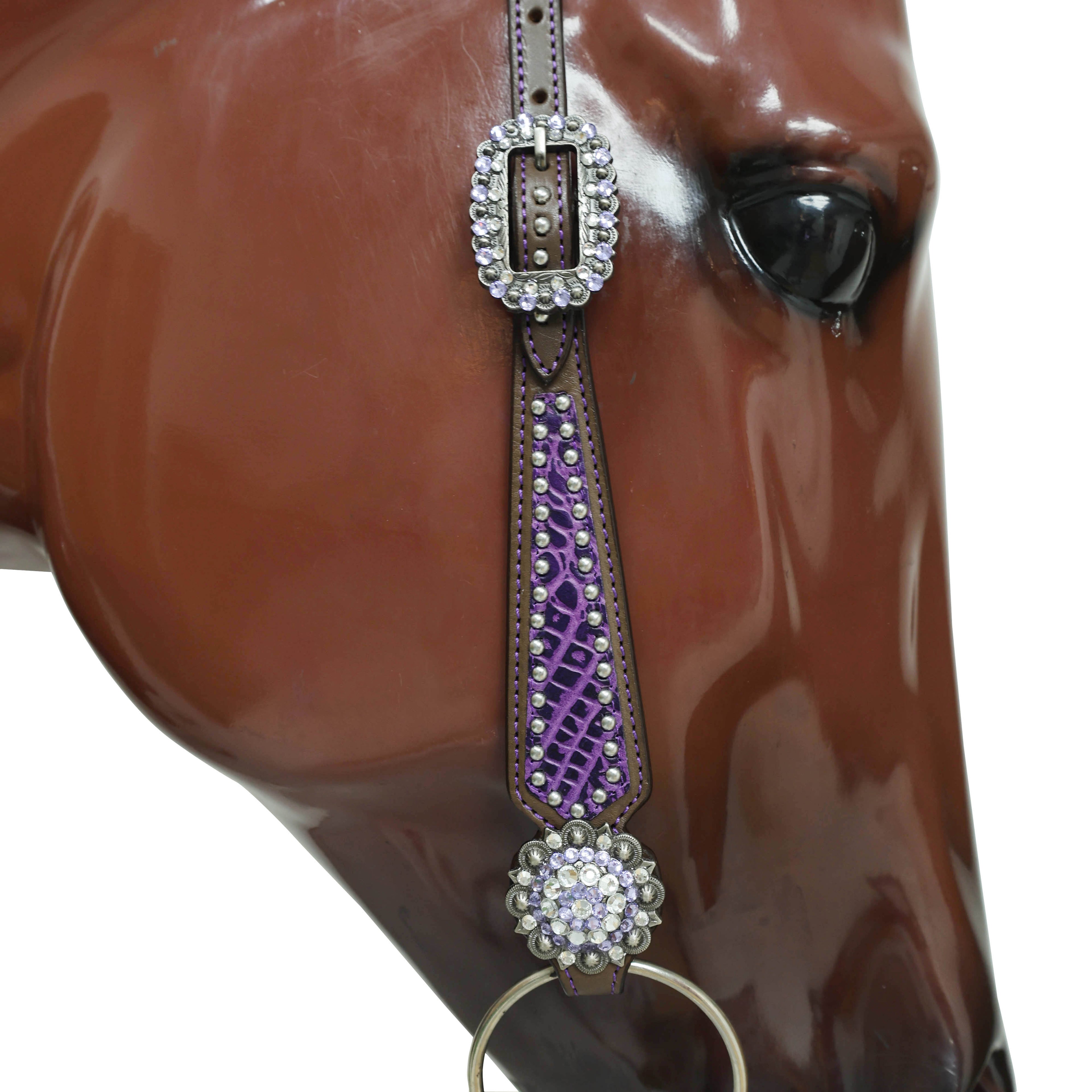 Argentina Cow Leather Headstall Tack Set Decorated with Purple Alligator Skin Textured Print with Silver Studs and Big Rhinestone Berry Conchos MOUSM