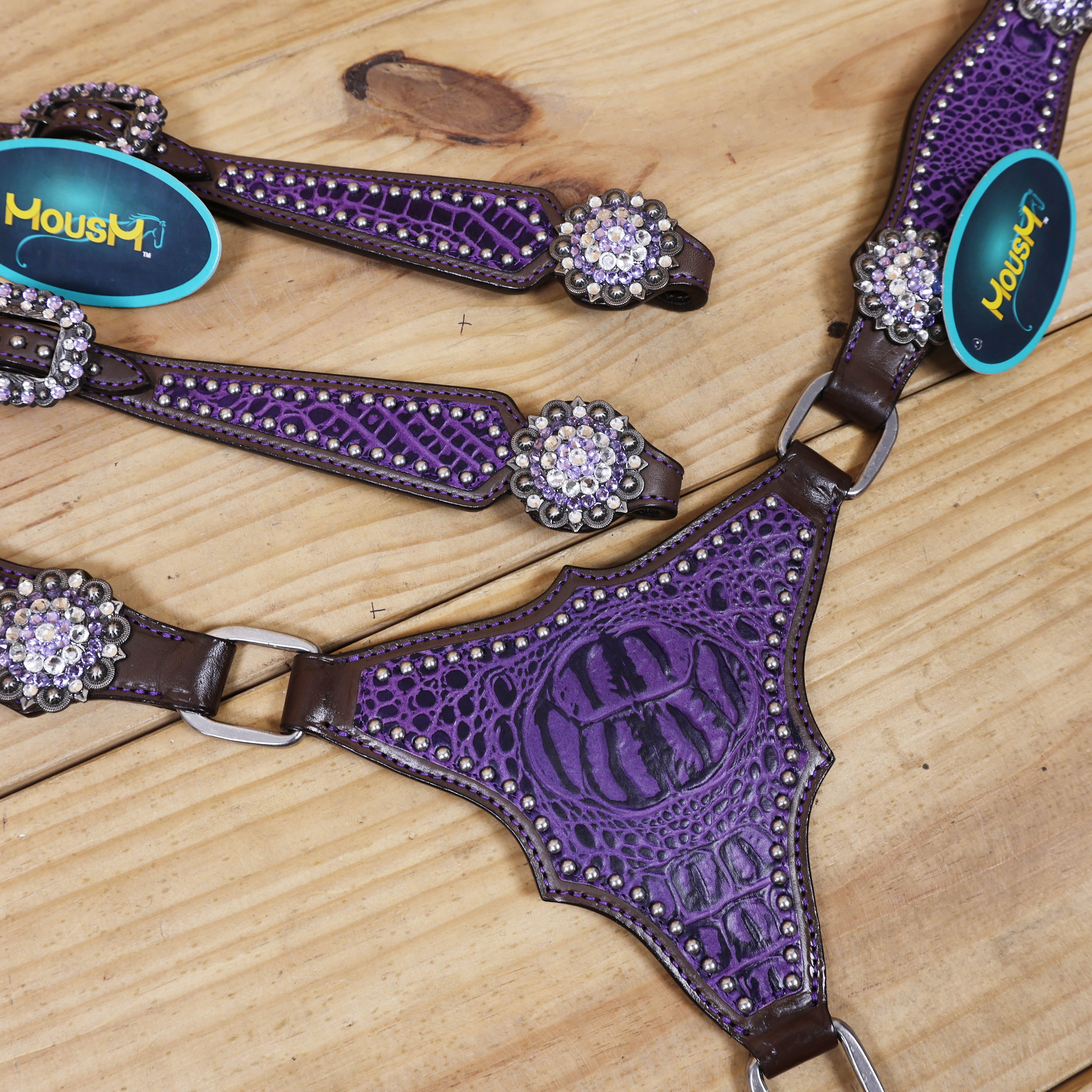 Argentina Cow Leather Headstall Tack Set Decorated with Purple Alligator Skin Textured Print with Silver Studs and Big Rhinestone Berry Conchos MOUSM