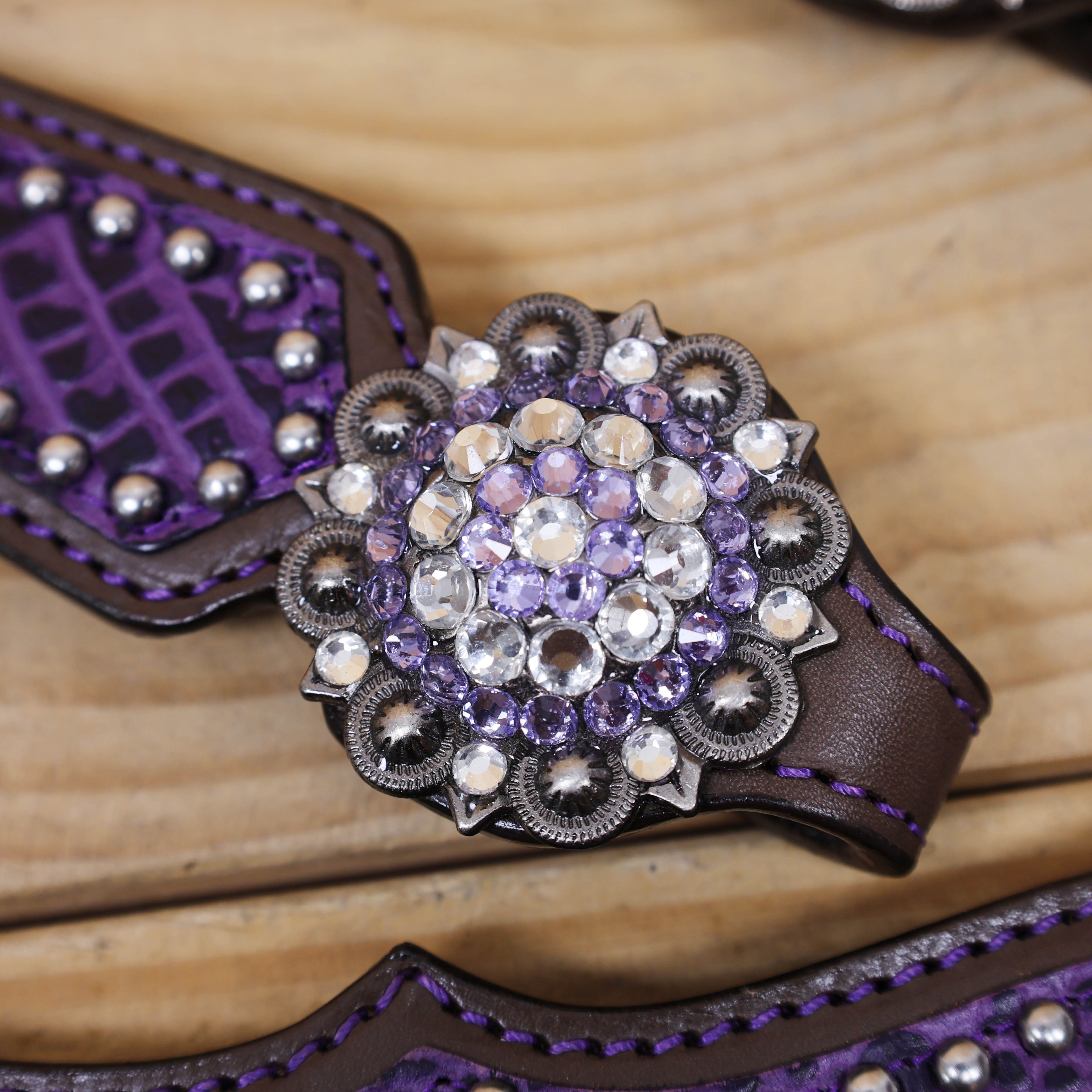 Argentina Cow Leather Headstall Tack Set Decorated with Purple Alligator Skin Textured Print with Silver Studs and Big Rhinestone Berry Conchos MOUSM