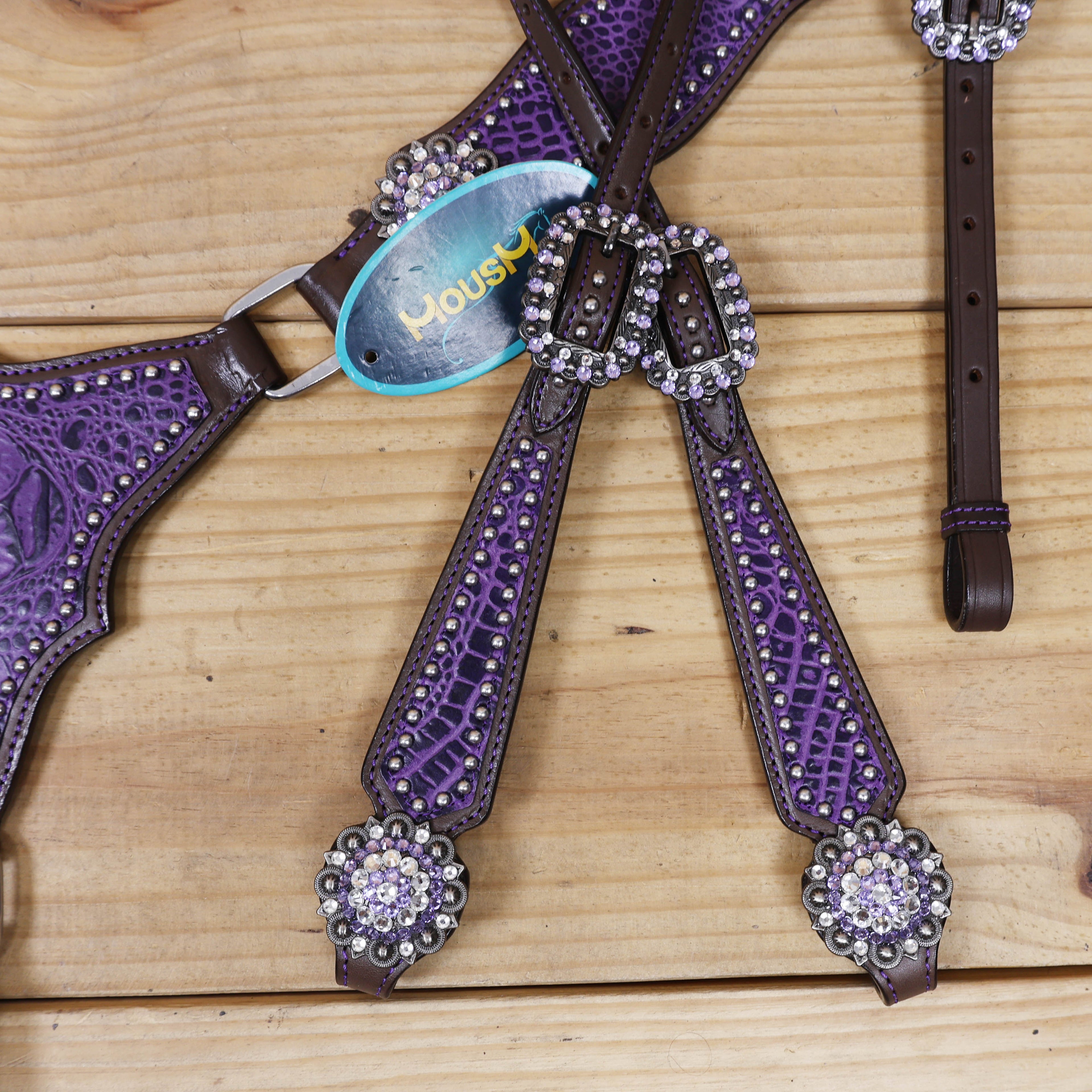 Argentina Cow Leather Headstall Tack Set Decorated with Purple Alligator Skin Textured Print with Silver Studs and Big Rhinestone Berry Conchos MOUSM