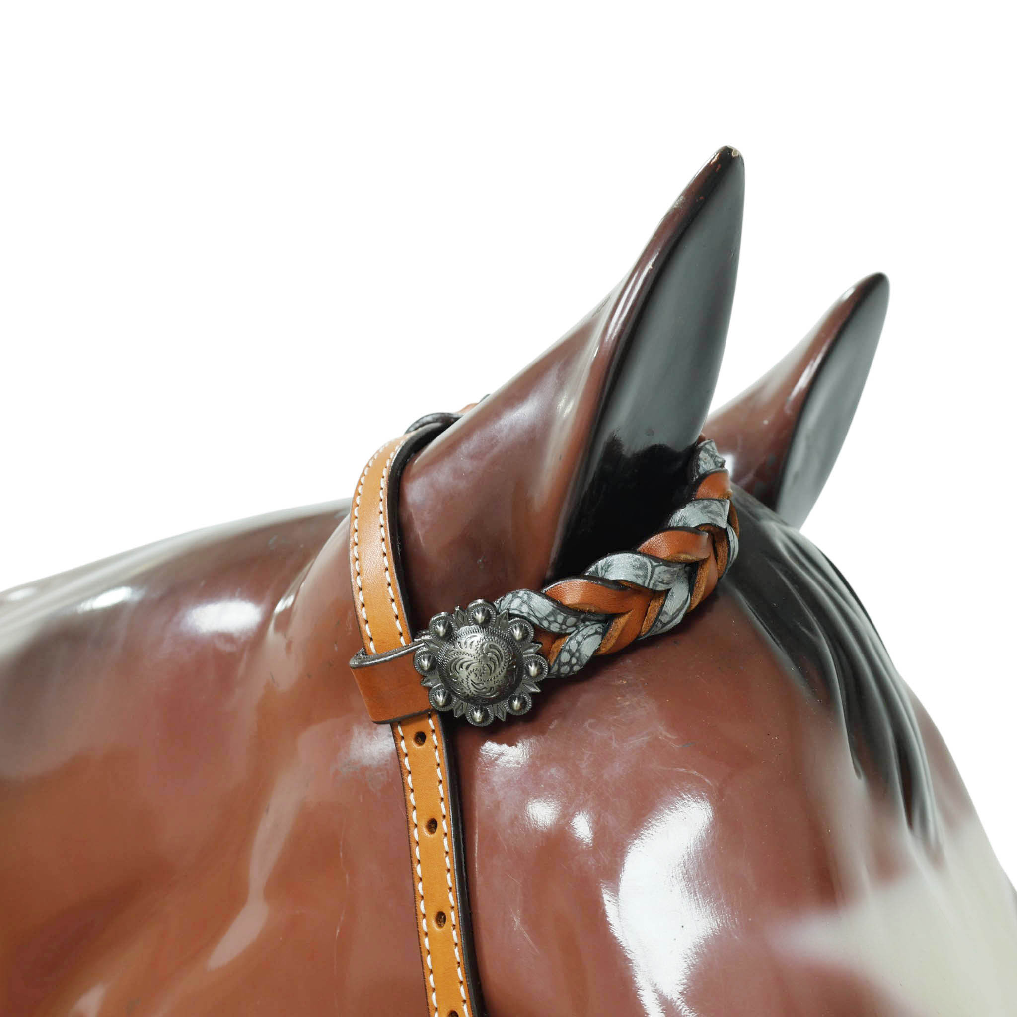 Western Headstall Set Decorated with Twisted Leather Braiding with Grey Alligator and Big Engraved Ring on Gladiator Style Breast Collar with Grey Alligator MOUSM