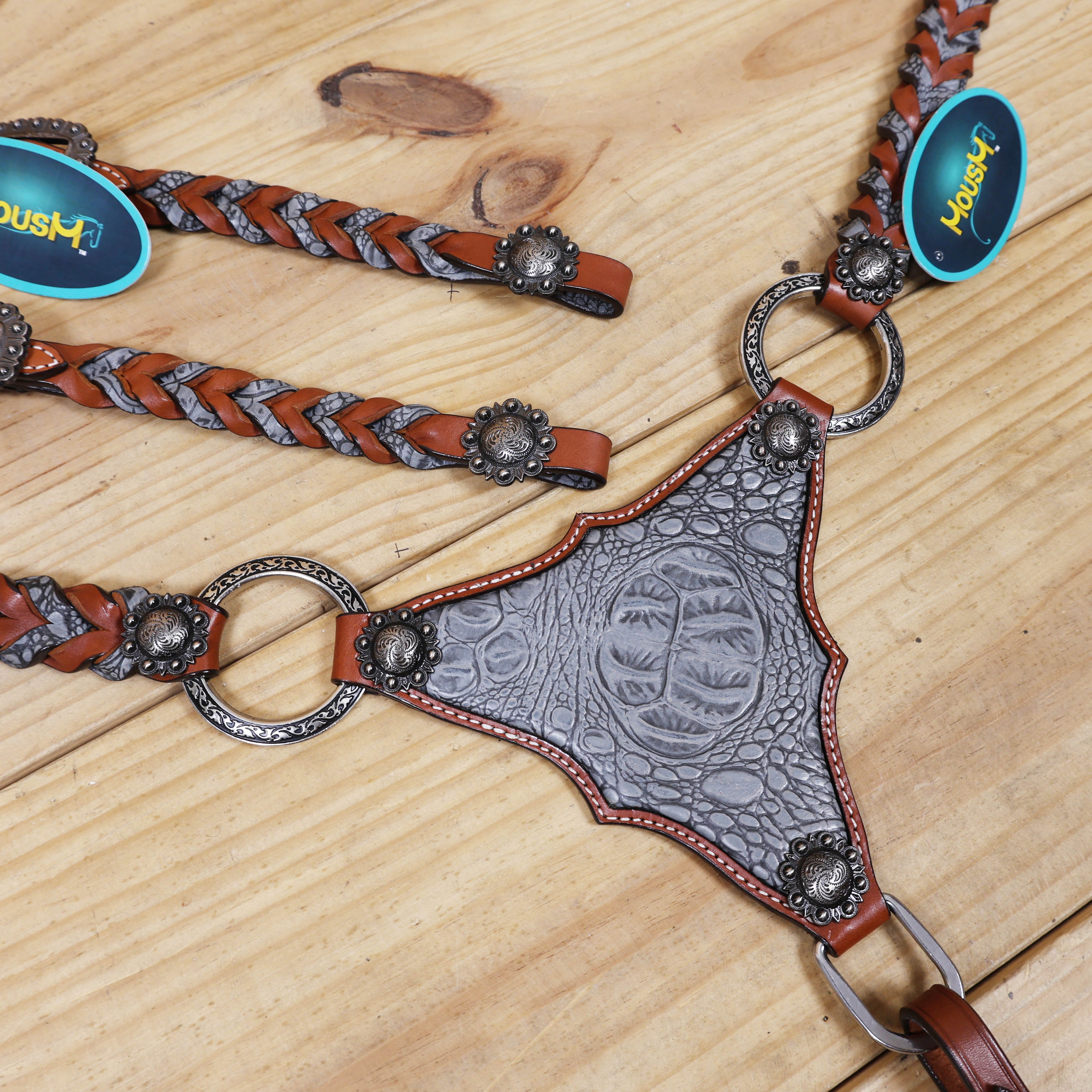 Western Headstall Set Decorated with Twisted Leather Braiding with Grey Alligator and Big Engraved Ring on Gladiator Style Breast Collar with Grey Alligator MOUSM