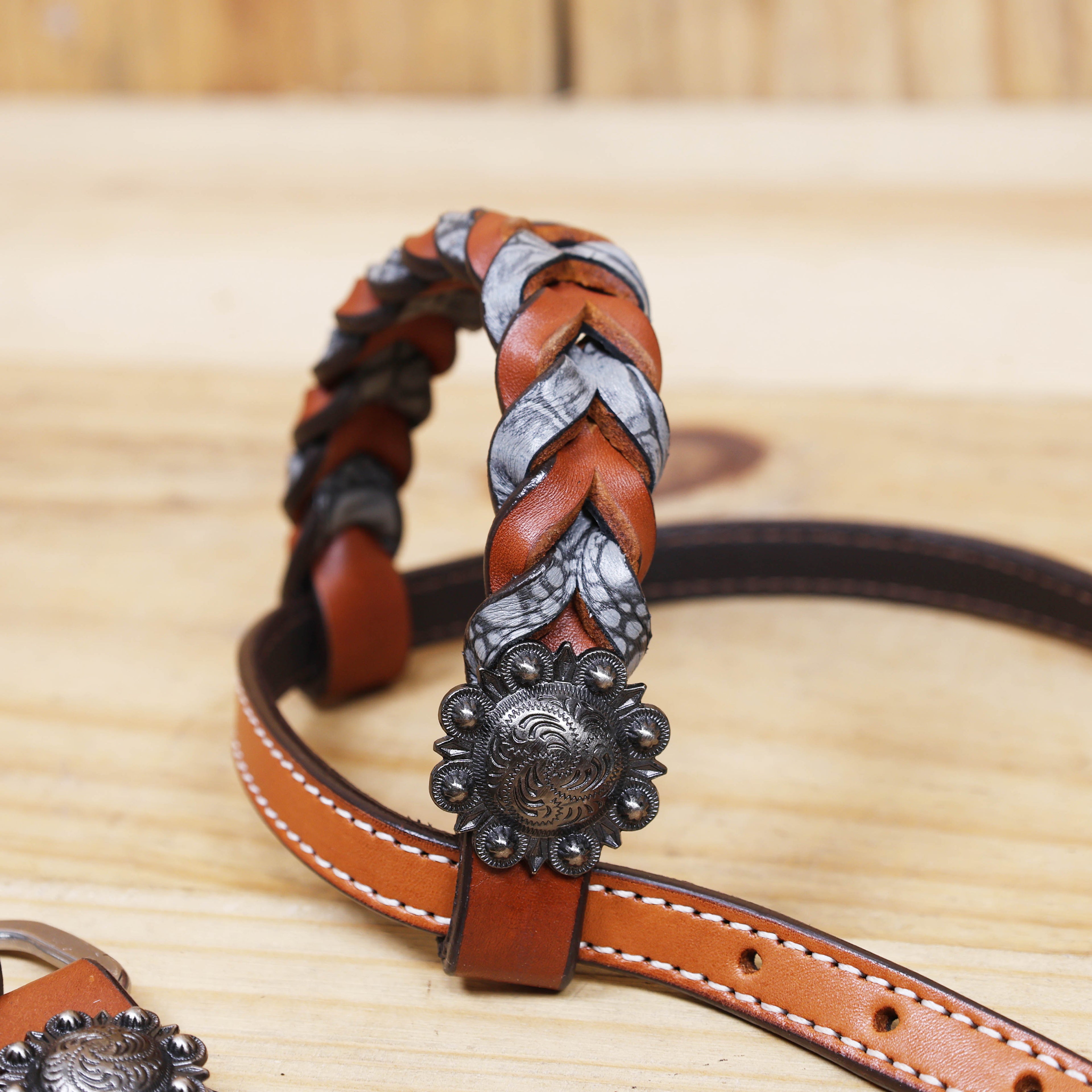 Western Headstall Set Decorated with Twisted Leather Braiding with Grey Alligator and Big Engraved Ring on Gladiator Style Breast Collar with Grey Alligator MOUSM