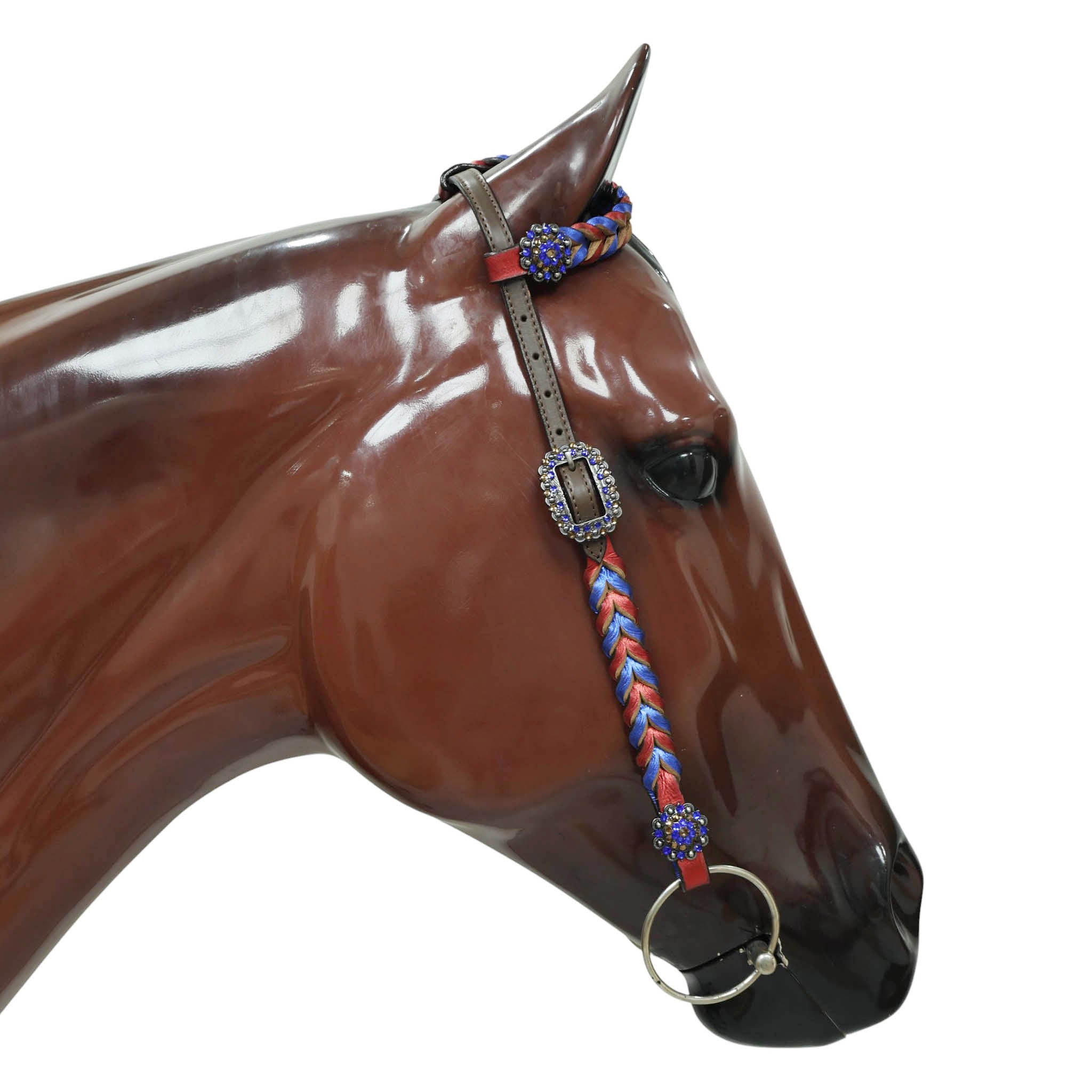 Western Headstall and Breast Collar Set Decorated with Royal Blue and Red Metallic Twisted Leather Braiding and Rhinestone Berry Conchos MOUSM